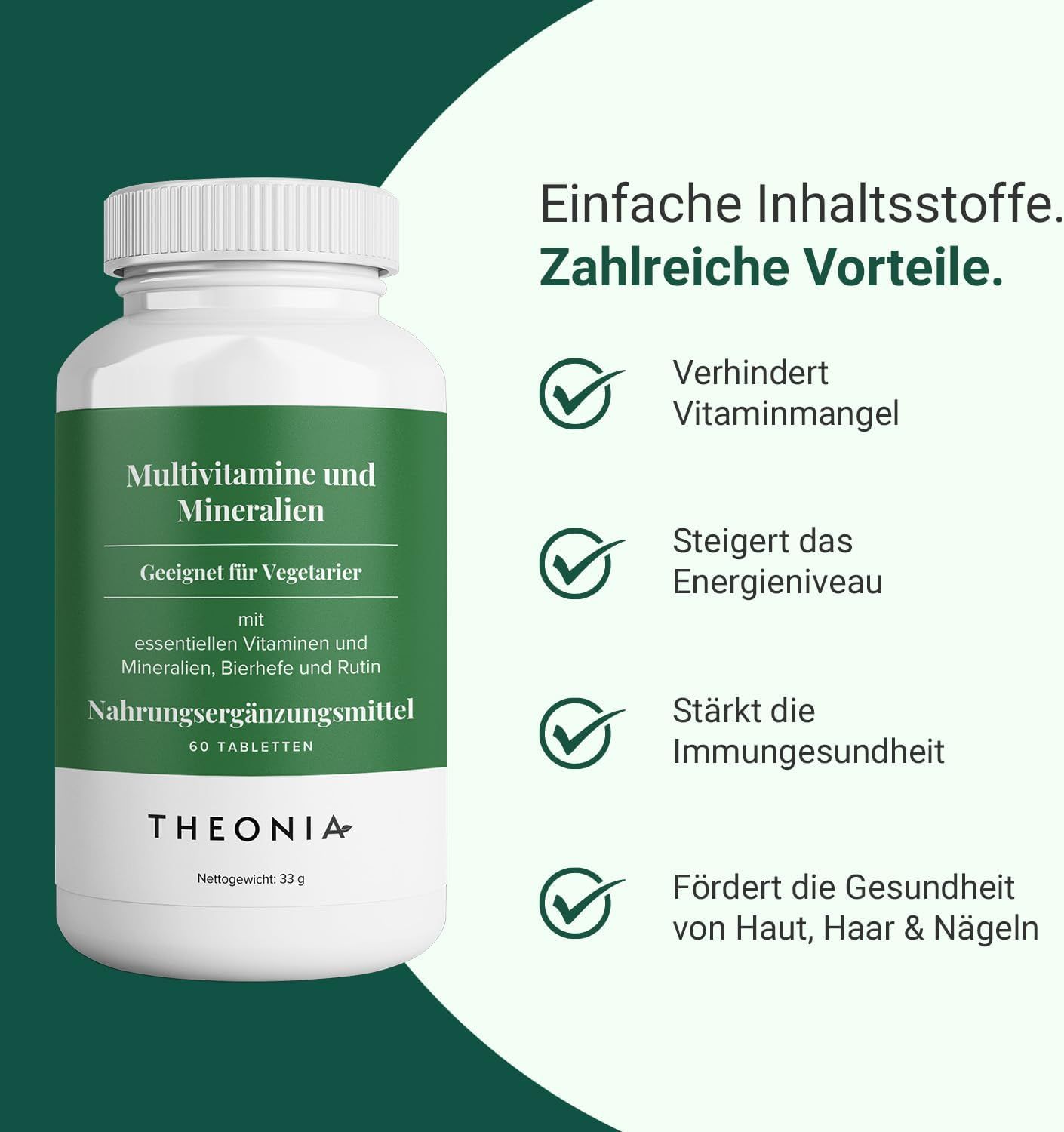Weiße Flasche mit grünem Etikett. Text: Multivitamine und Mineralien. Vorteile: Verhindert Vitaminmangel, steigert Energie, stärkt Immunsystem.