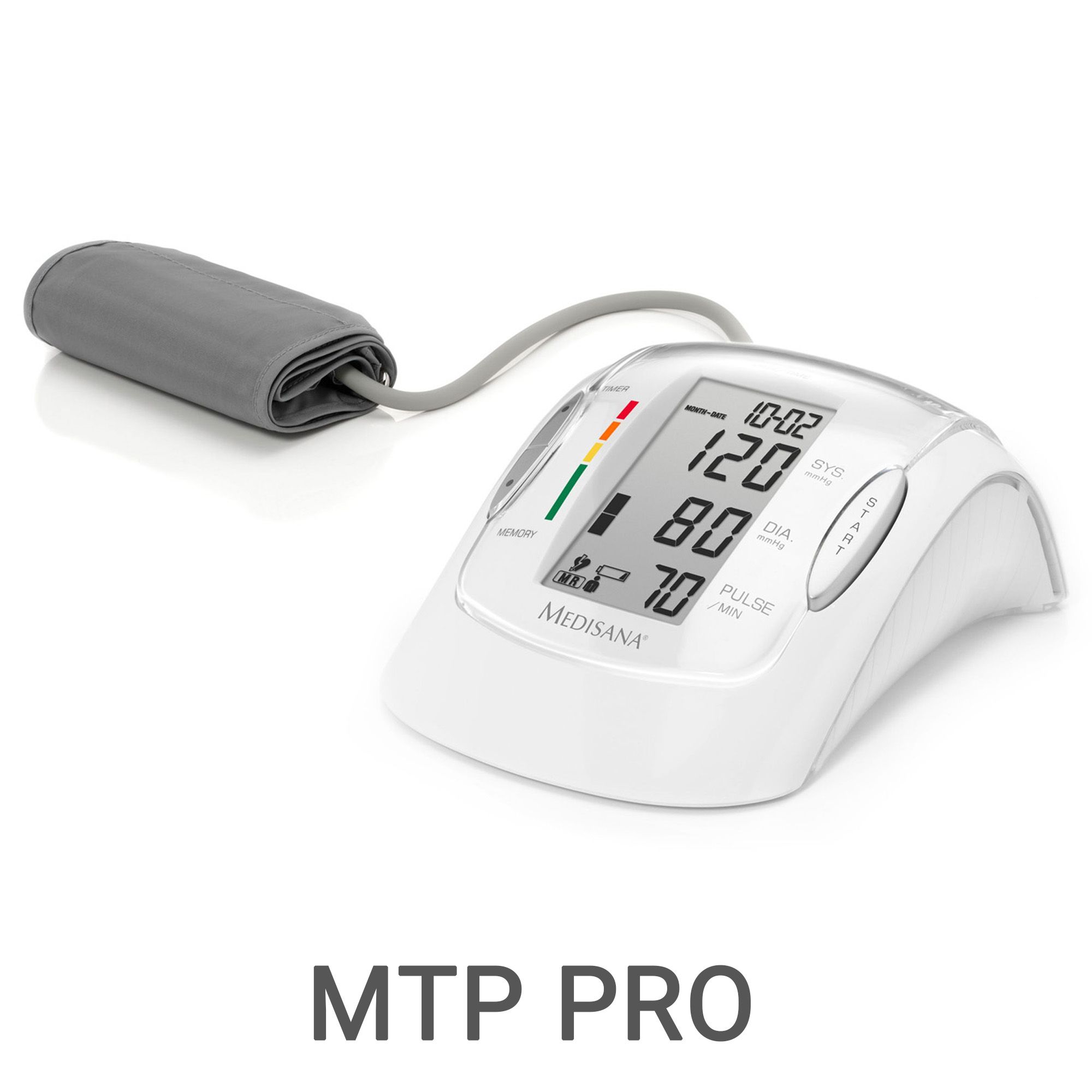 Weißes Oberarm-Blutdruckmessgerät MTP PRO mit Manschette und digitaler Anzeige.