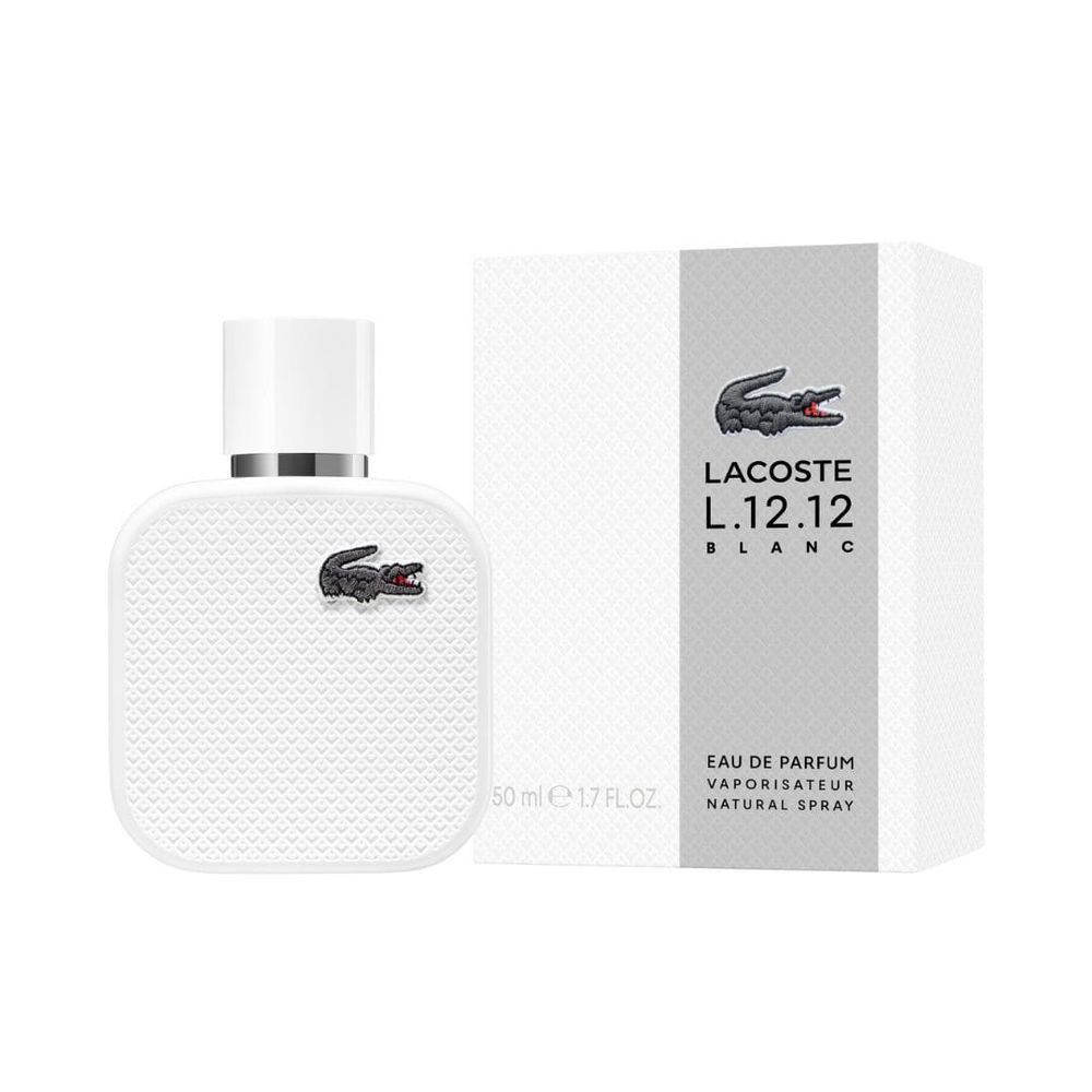 Weißes Eau de Parfum mit Krokodil-Logo und Verpackung. Aufschrift: Lacoste L.12.12 Blanc. Flakon und Schachtel.