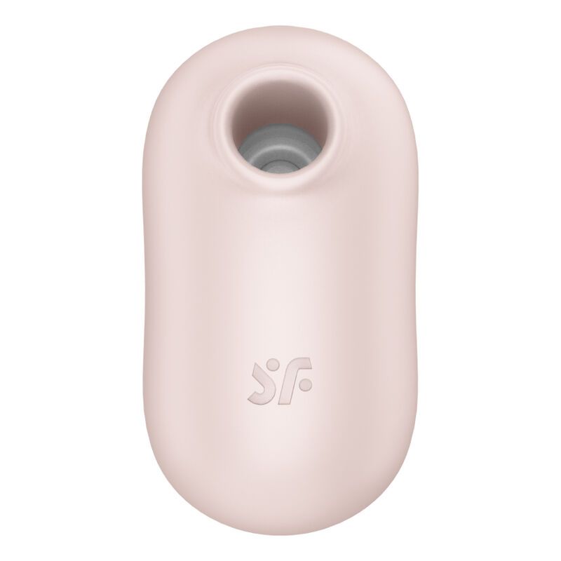 Vorderansicht eines hellen, ovalen Vibrators mit einer Öffnung und dem SF-Logo.