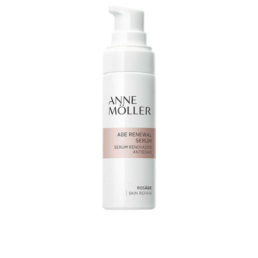 Weiße Flasche mit Pumpe. Aufschrift: Anne Möller, Age Renewal Serum, Rosâge Skin Repair.