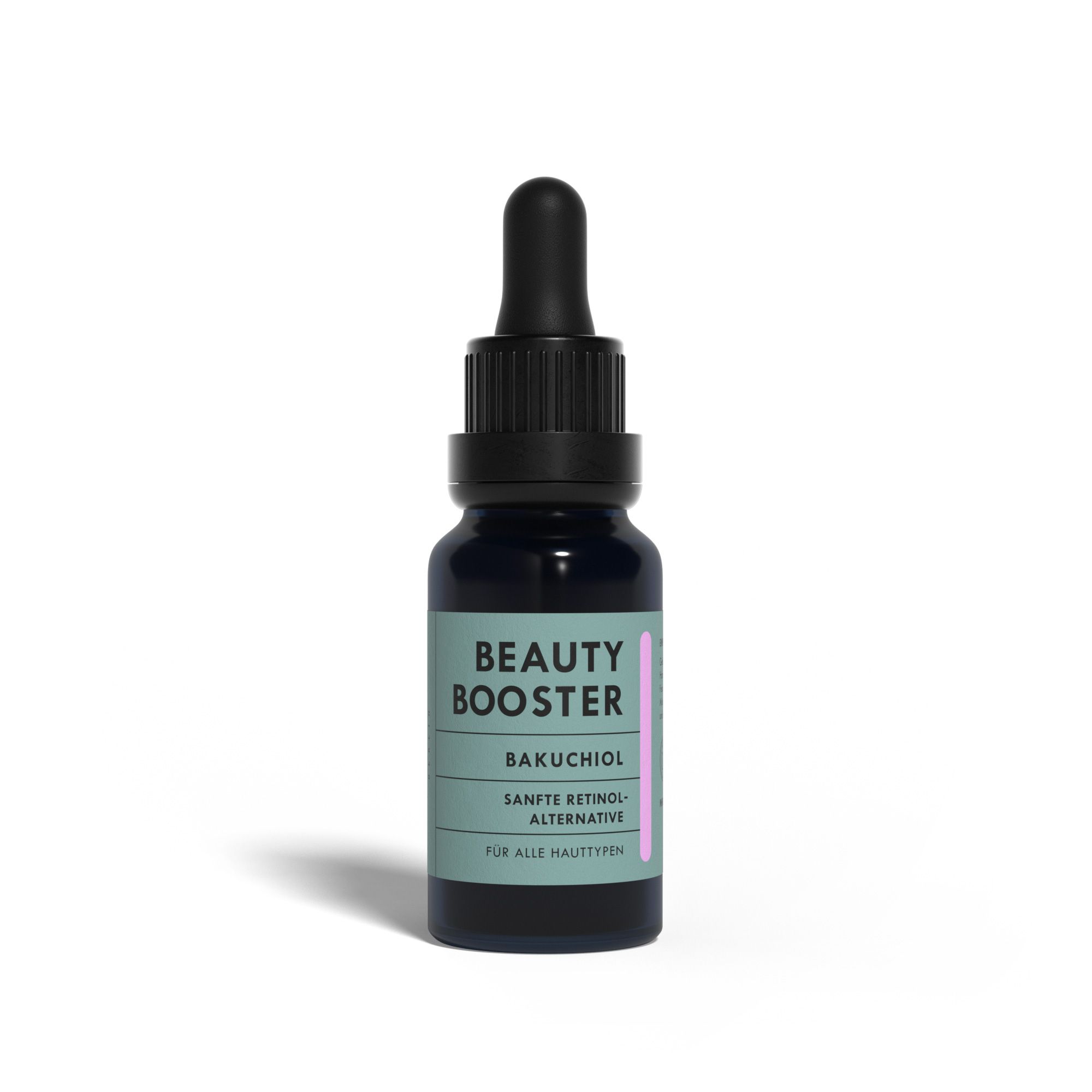 HERBLIZ Beauty Booster Flasche mit Pipette. Schwarze Flasche mit grünem Etikett und Produktinformationen.