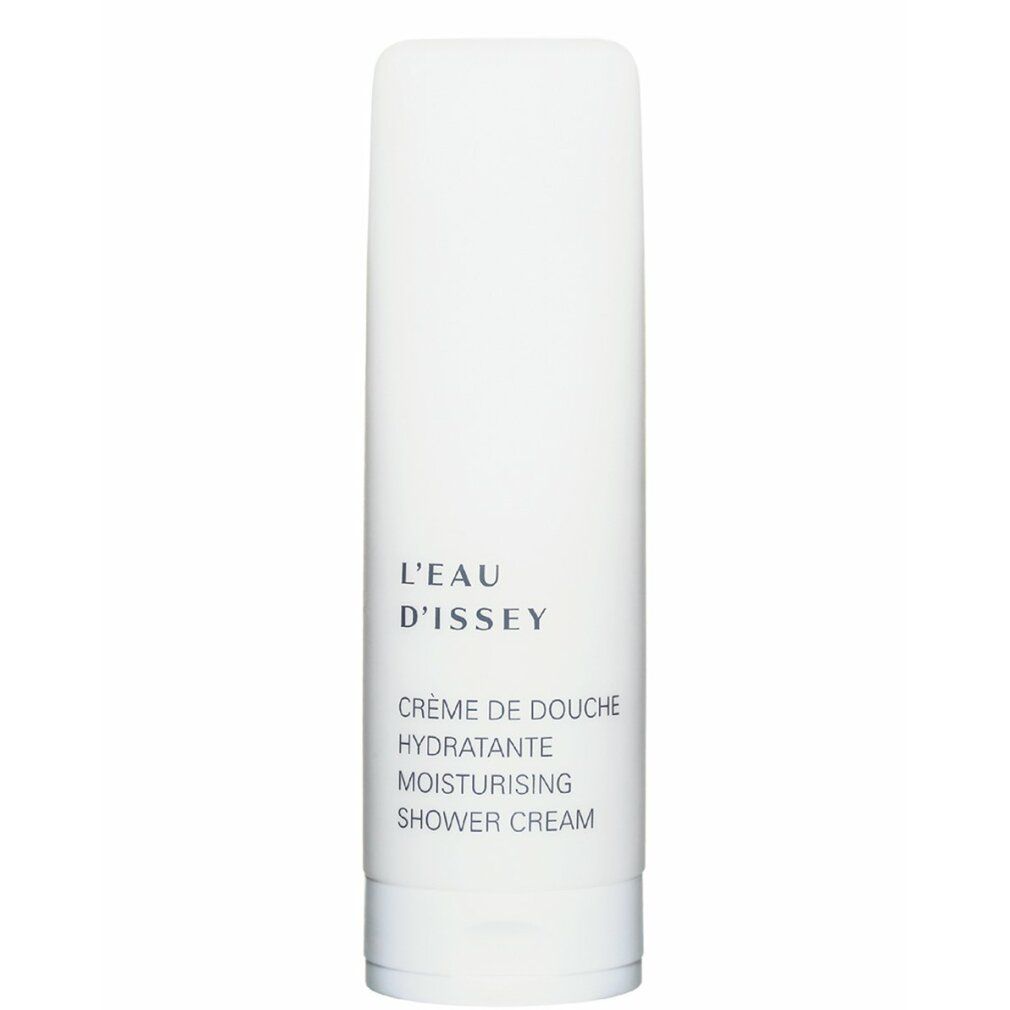 Weißer, zylindrischer Behälter. Aufschrift: L'EAU D'ISSEY, Crème de Douche Hydratante, Moisturising Shower Cream.