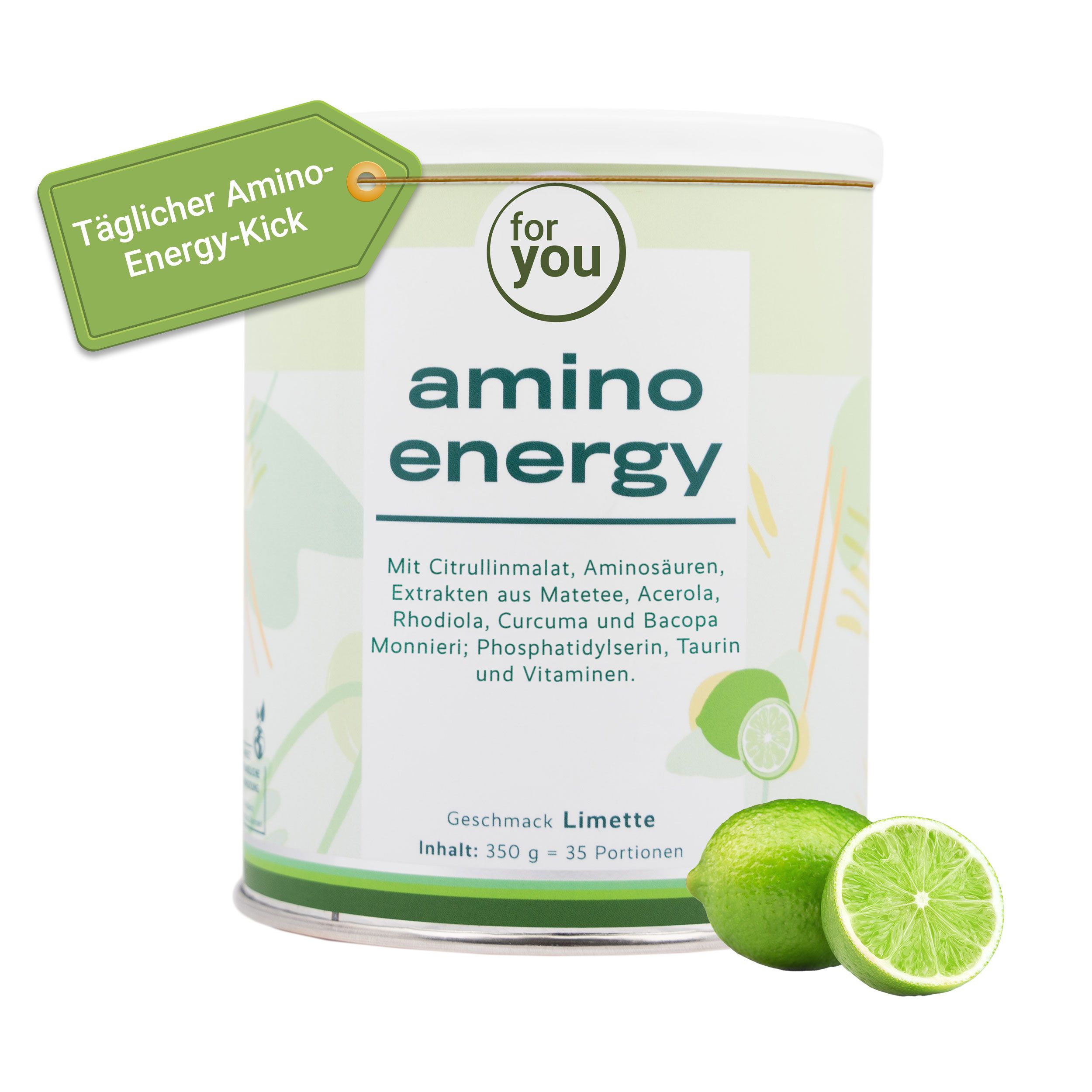 Dose mit Aufschrift: for you amino energy. Limetten und ein grünes Etikett mit Text.