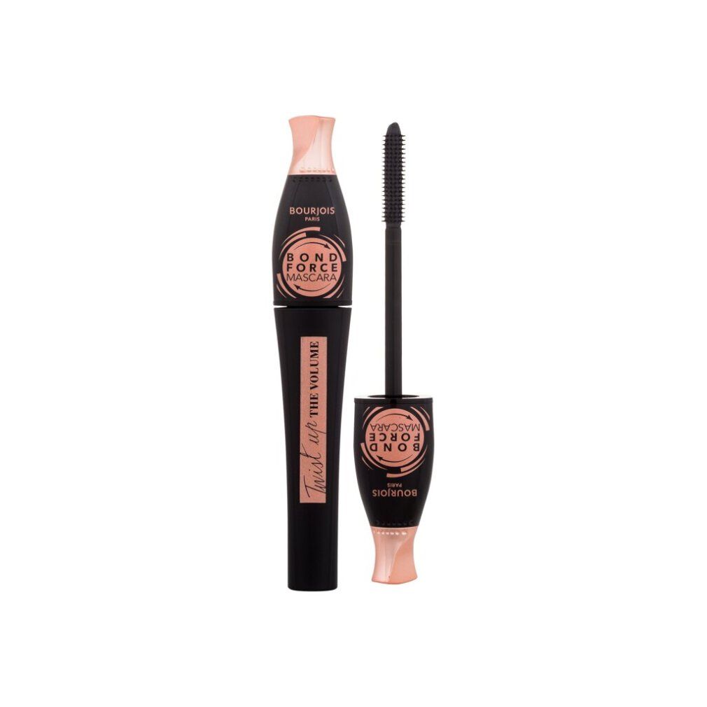 Schwarze Mascara-Tube mit roségoldfarbenen Akzenten und Bürste. Aufschrift: Bond Force Mascara, Twist Up The Volume.