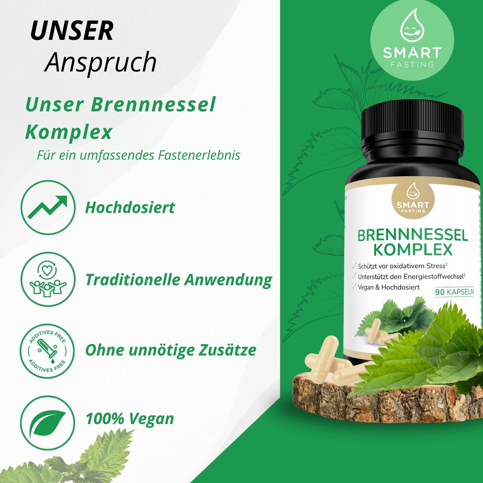 Eine Flasche mit schwarzem Deckel und der Aufschrift "BRENNNESSEL KOMPLEX". Daneben Kapseln und grüne Blätter auf Holz.