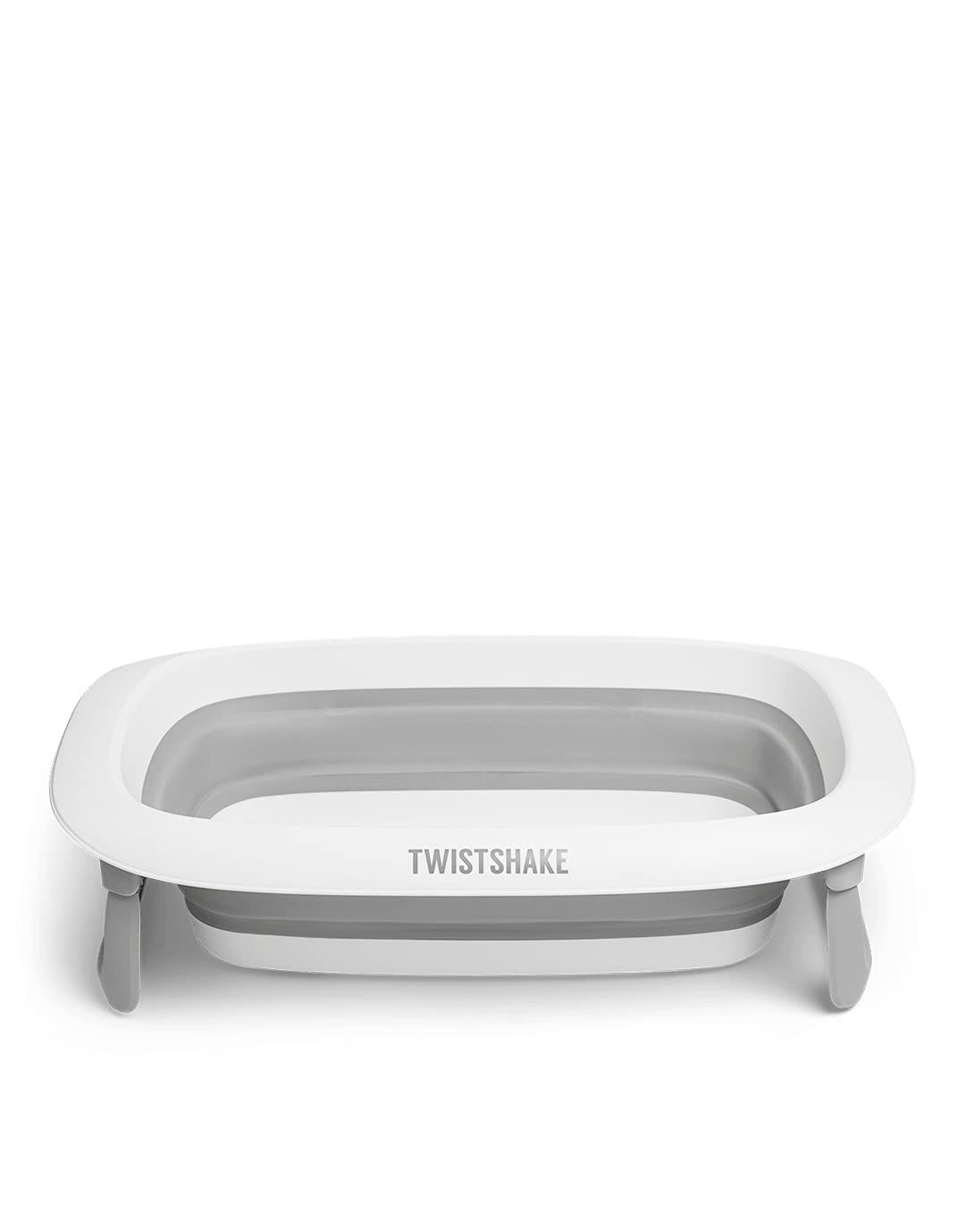 Faltbare Babybadewanne, weiß-grau. Mit TWISTSHAKE-Logo. Aufgestellte Beine.