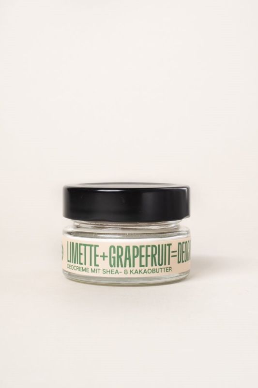 Glasbehälter mit schwarzem Deckel. Aufschrift: Limette+Grapefruit=Deo. Deocreme mit Shea- & Kakaobutter.