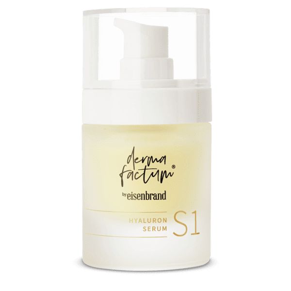 Serumflasche mit Pumpe. Aufschrift: Dermafactum, Hyaluron Serum, S1.