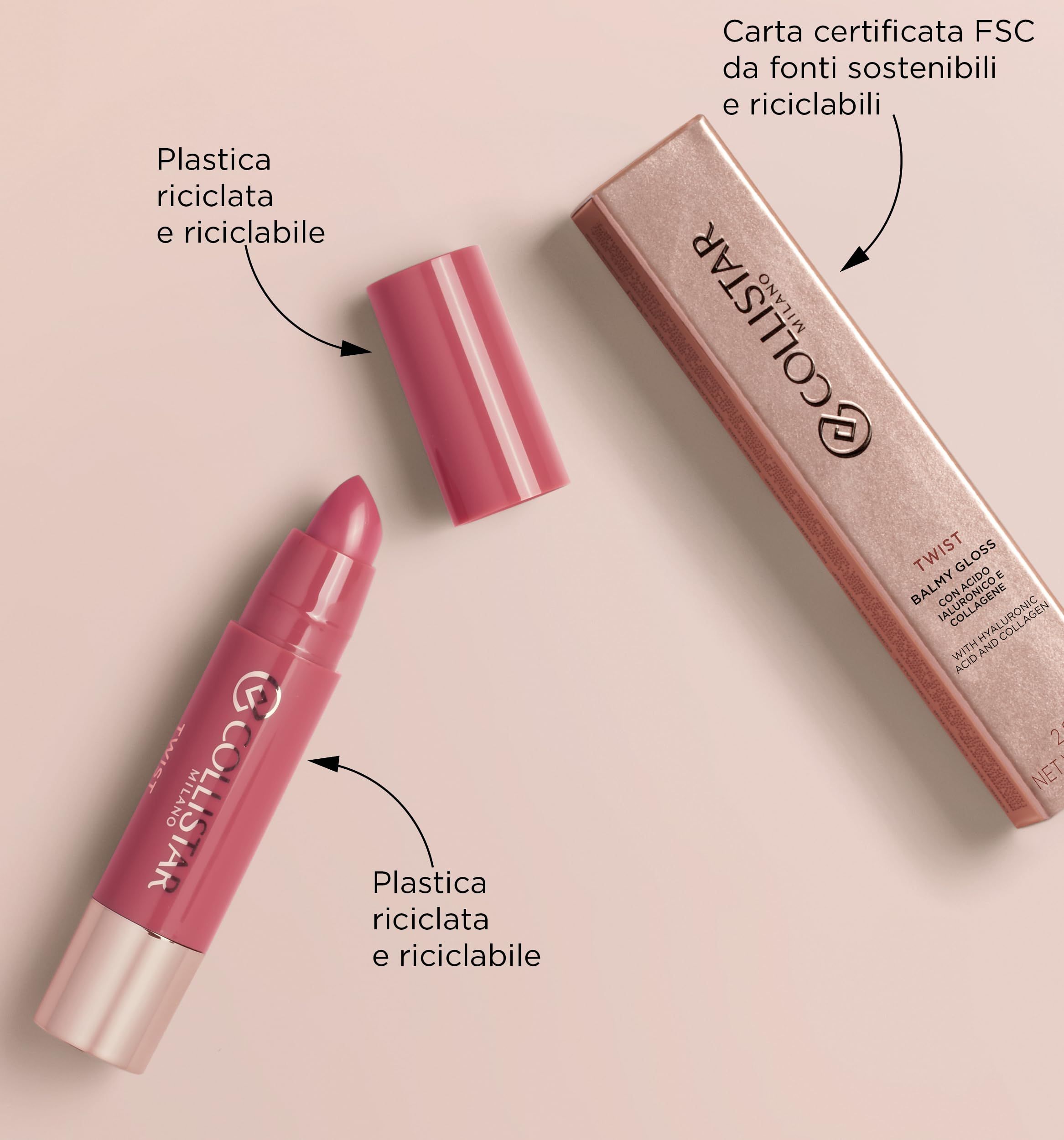 Lippenstift und Verpackung. Rosa Hülse mit silberfarbenem Boden. Aufschrift: Collistar Milano Twist. FSC-Zertifizierung.