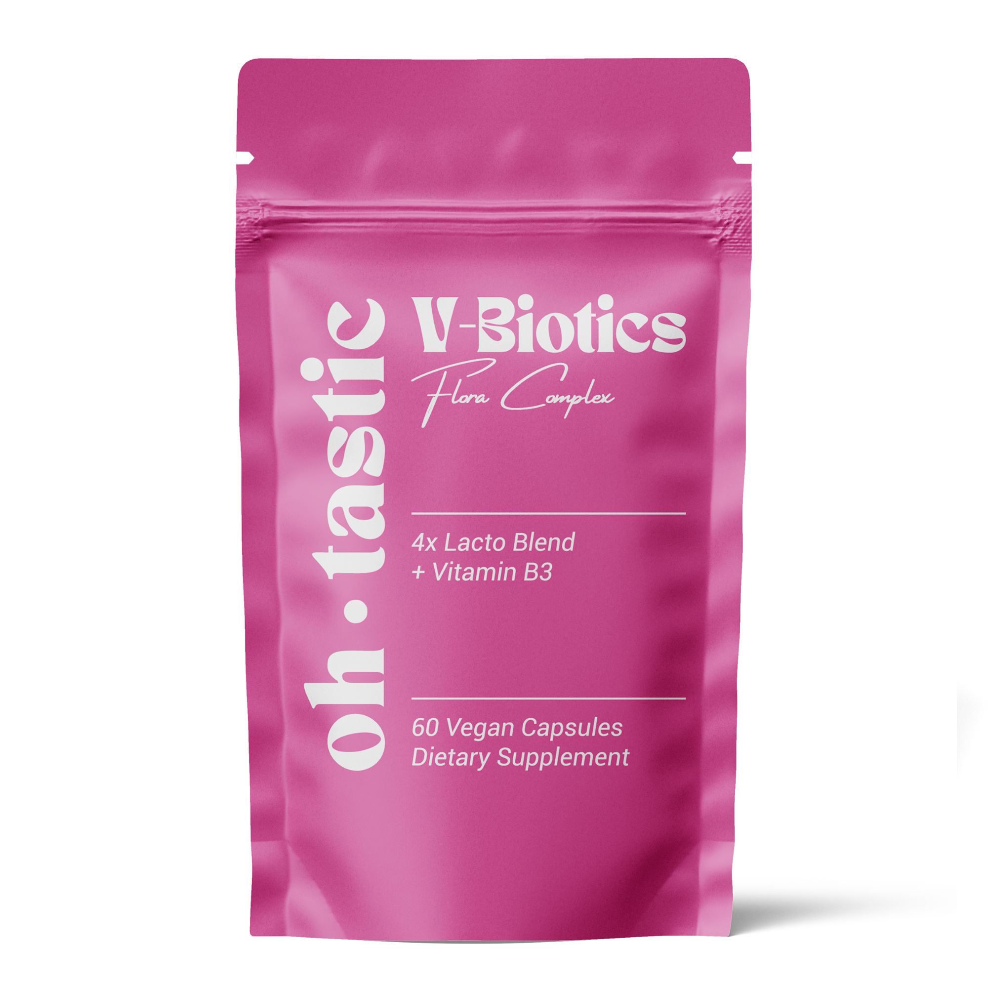 Rosa Beutel mit weißem Text: oh.tastic, V-Biotics, 4x Lacto Blend + Vitamin B3, 60 vegane Kapseln, Nahrungsergänzungsmittel.