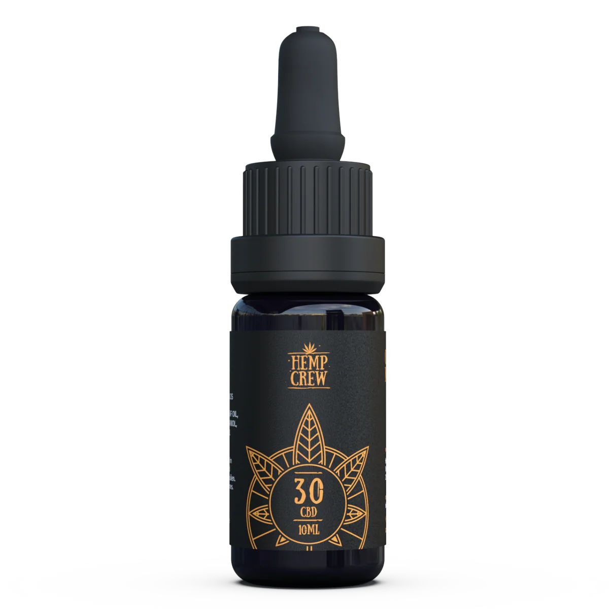 Braune Glasflasche mit schwarzem Deckel und Pipette. Etikett mit Logo, Schriftzug "30 CBD" und "10ml".