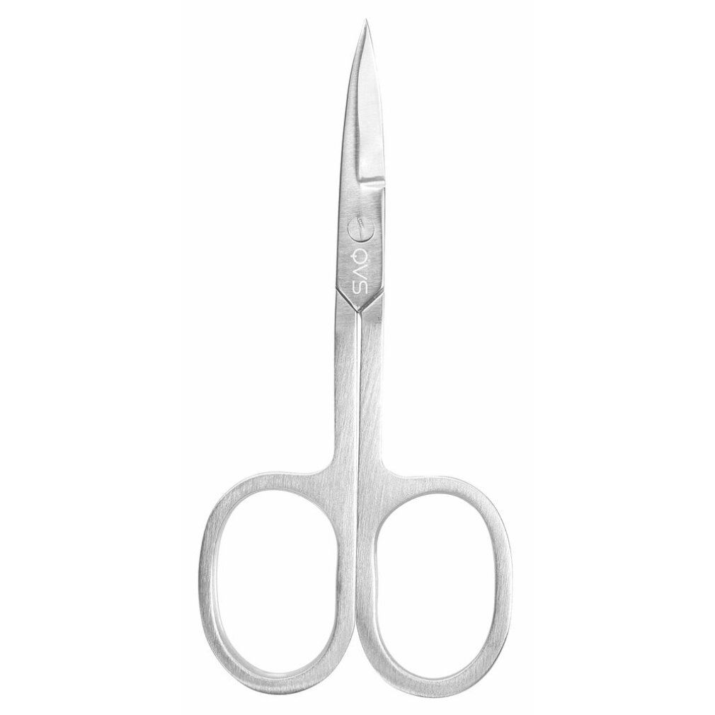 Nagelschere aus Metall. Abgerundete Spitze, Ringgriffe. Logo QVS.