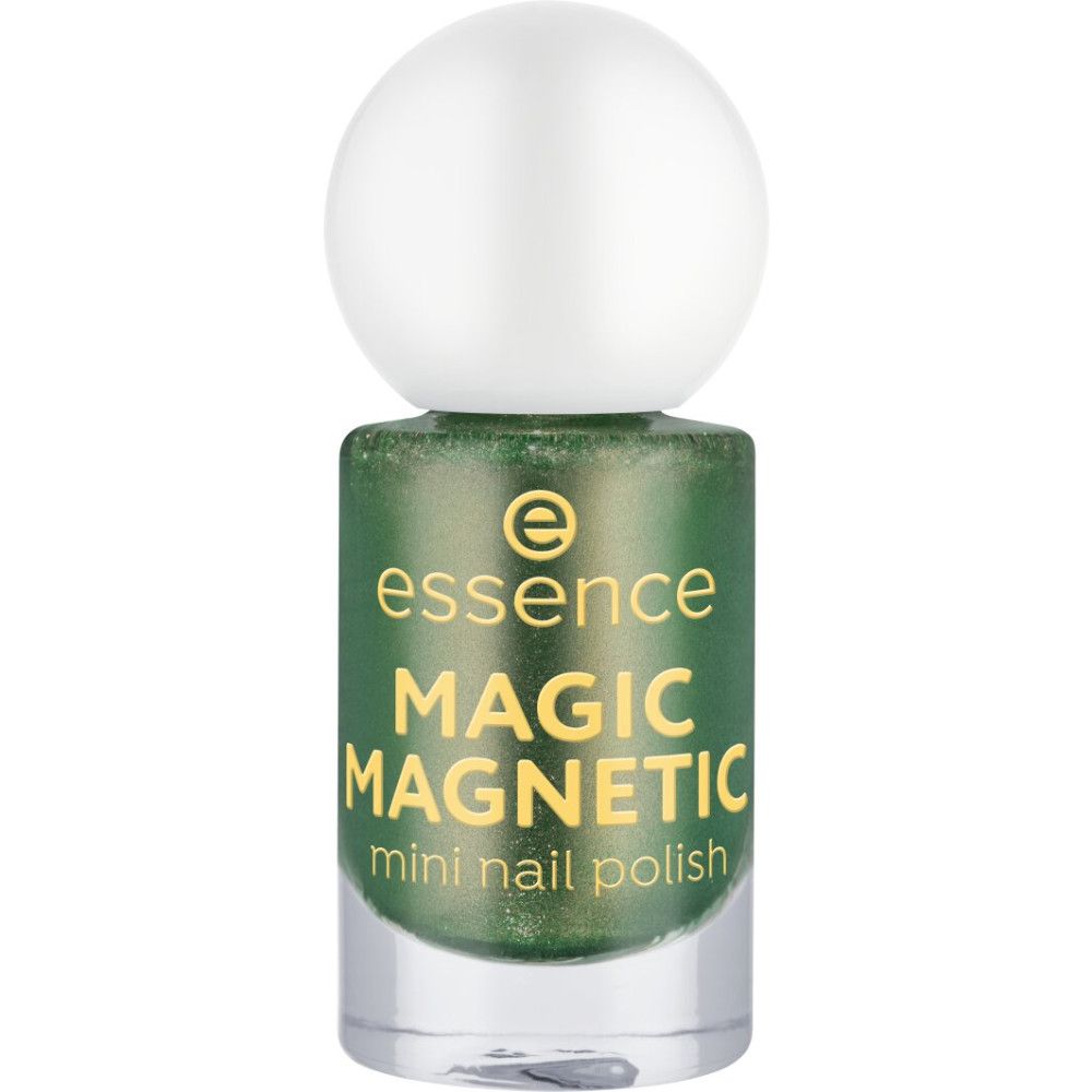 Grüner Nagellack mit weißem Deckel. Aufschrift: essence MAGIC MAGNETIC mini nail polish.