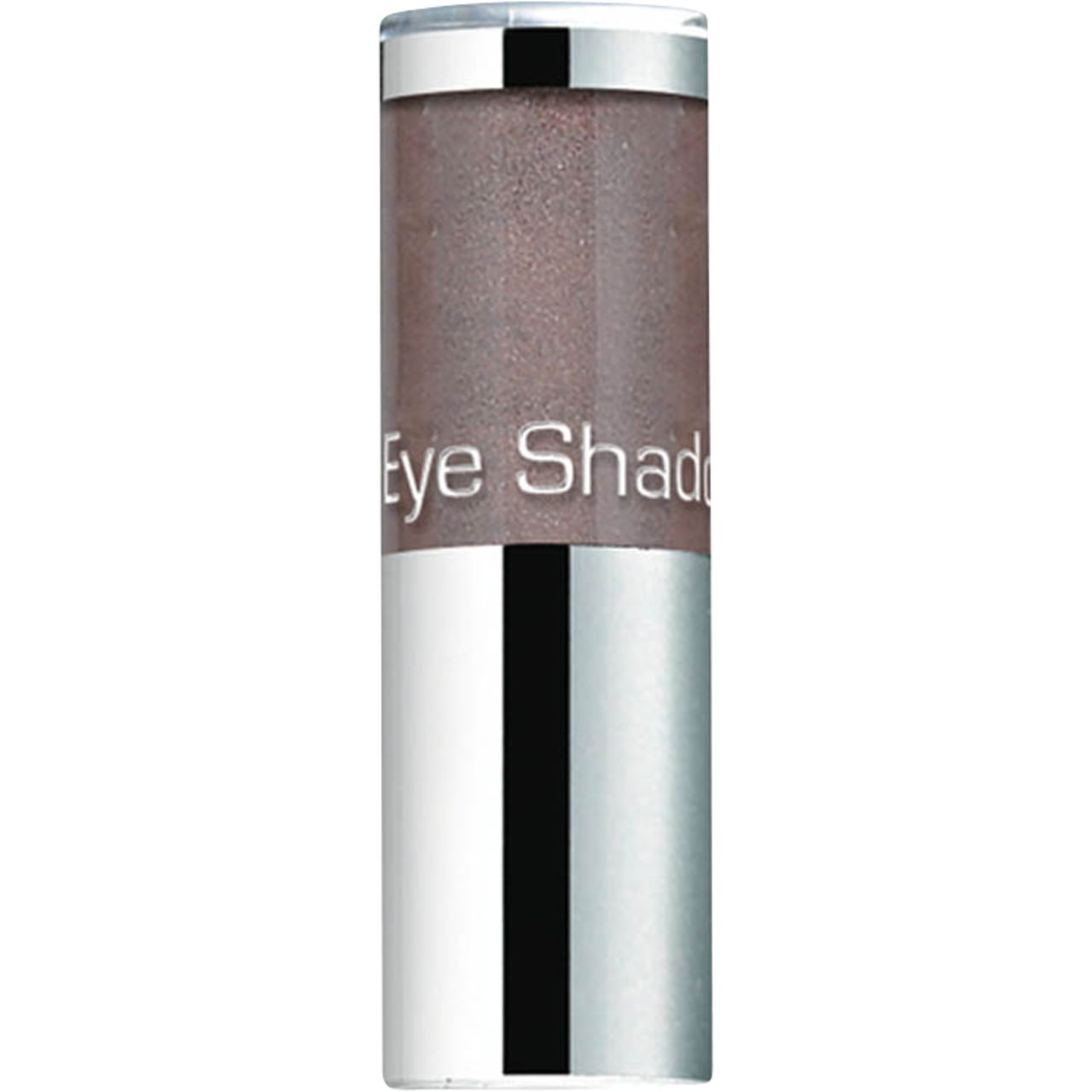 Zylindrischer Behälter mit silberfarbenem Boden und Deckel. Der obere Teil ist braun und trägt die Aufschrift "Eye Shadow".