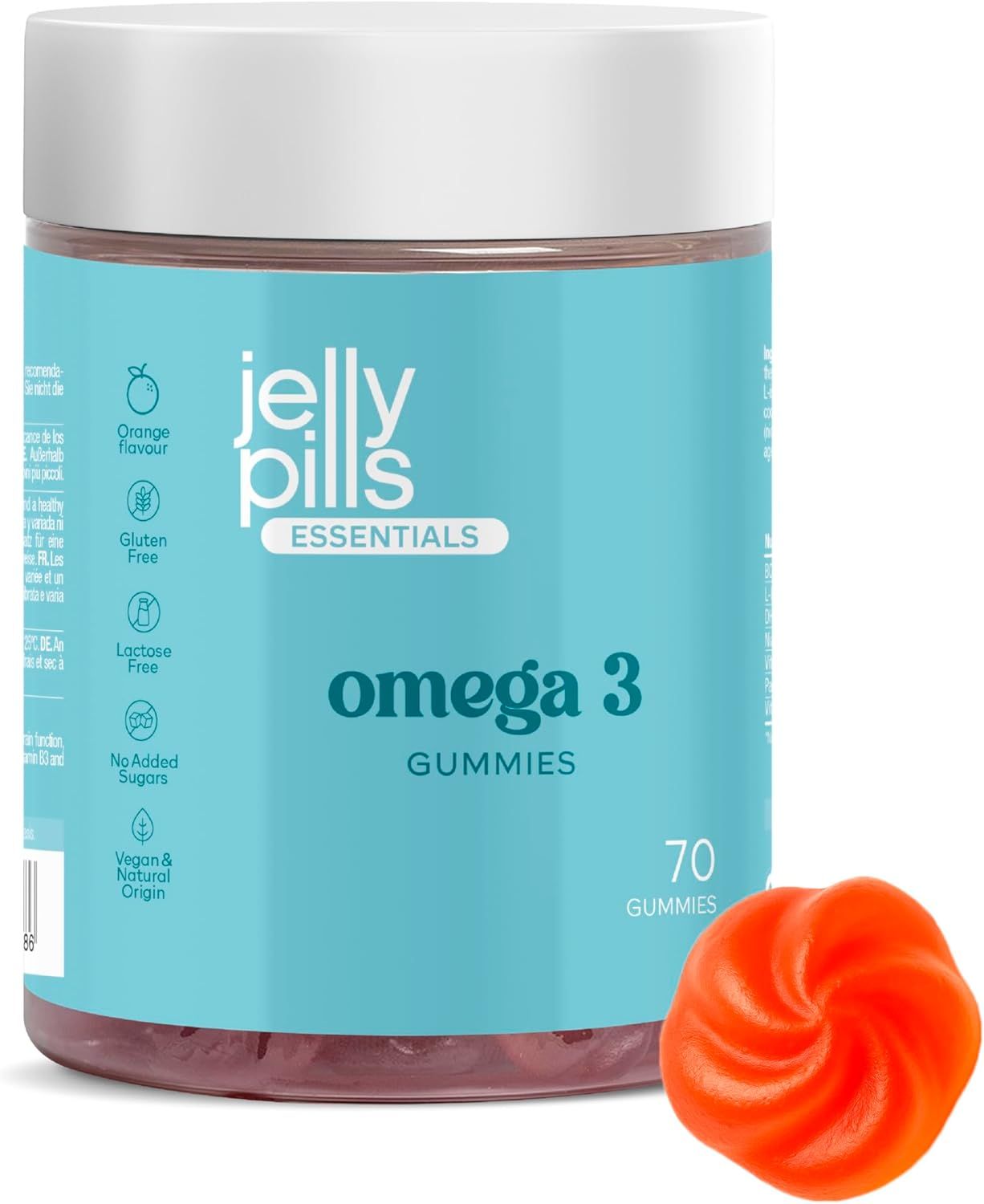 Dose mit Omega-3-Gummis. Aufschrift: Jelly Pills Essentials, 70 Gummies, Orange-Geschmack. Ein einzelnes Gummibärchen daneben.