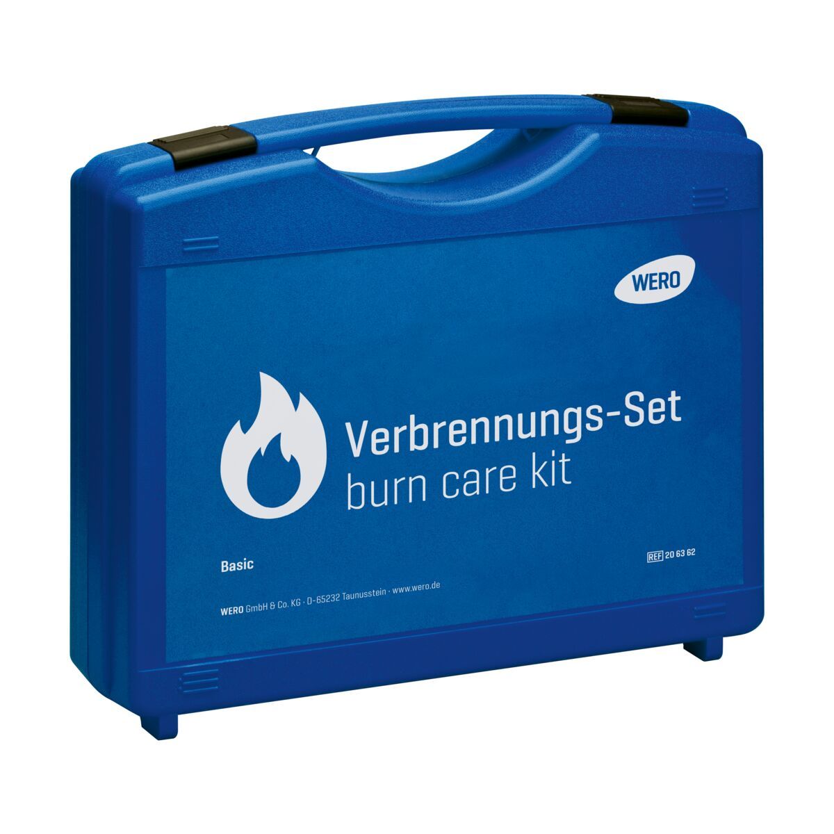 Blauer Koffer mit Tragegriff. Aufschrift: WERO, Verbrennungs-Set, burn care kit. Logo: Flamme.