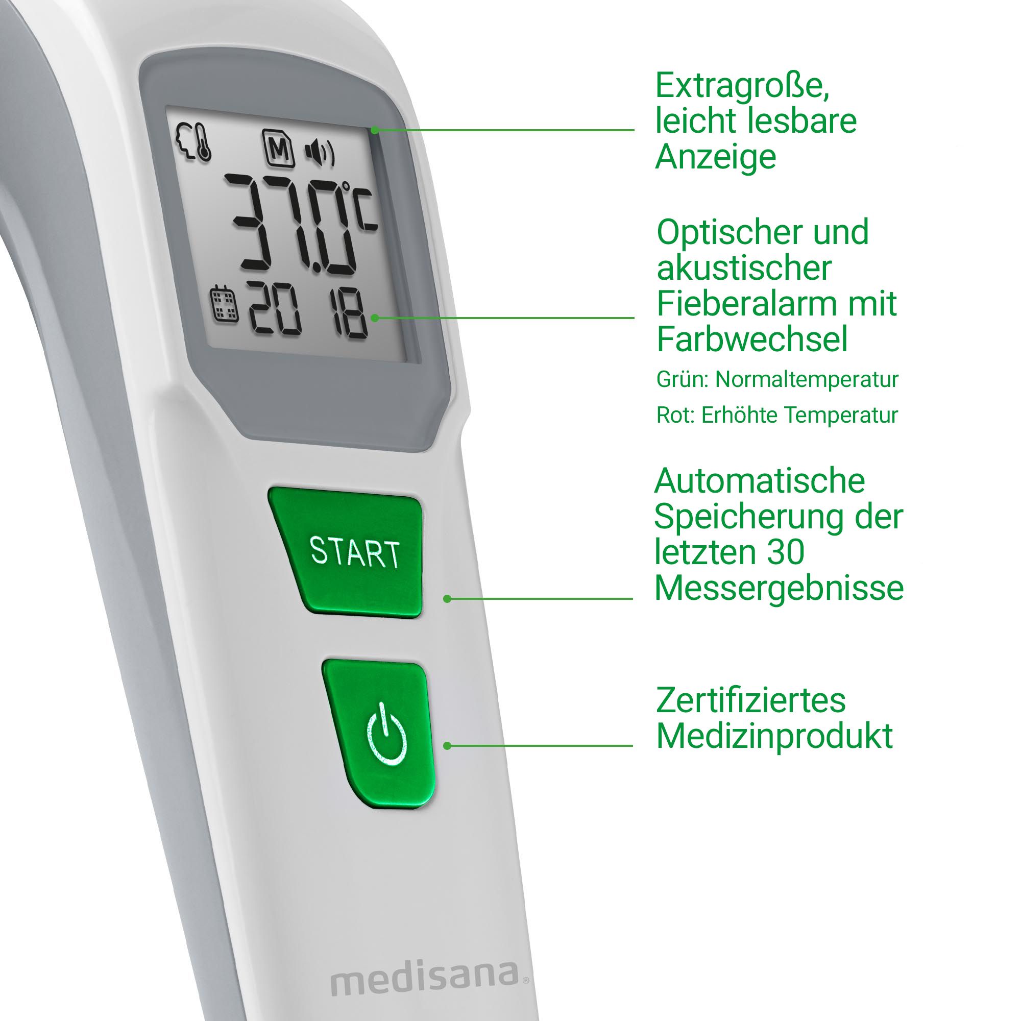 Nahaufnahme eines Fieberthermometers mit Displayanzeige 37.0°C und Beschriftungen.