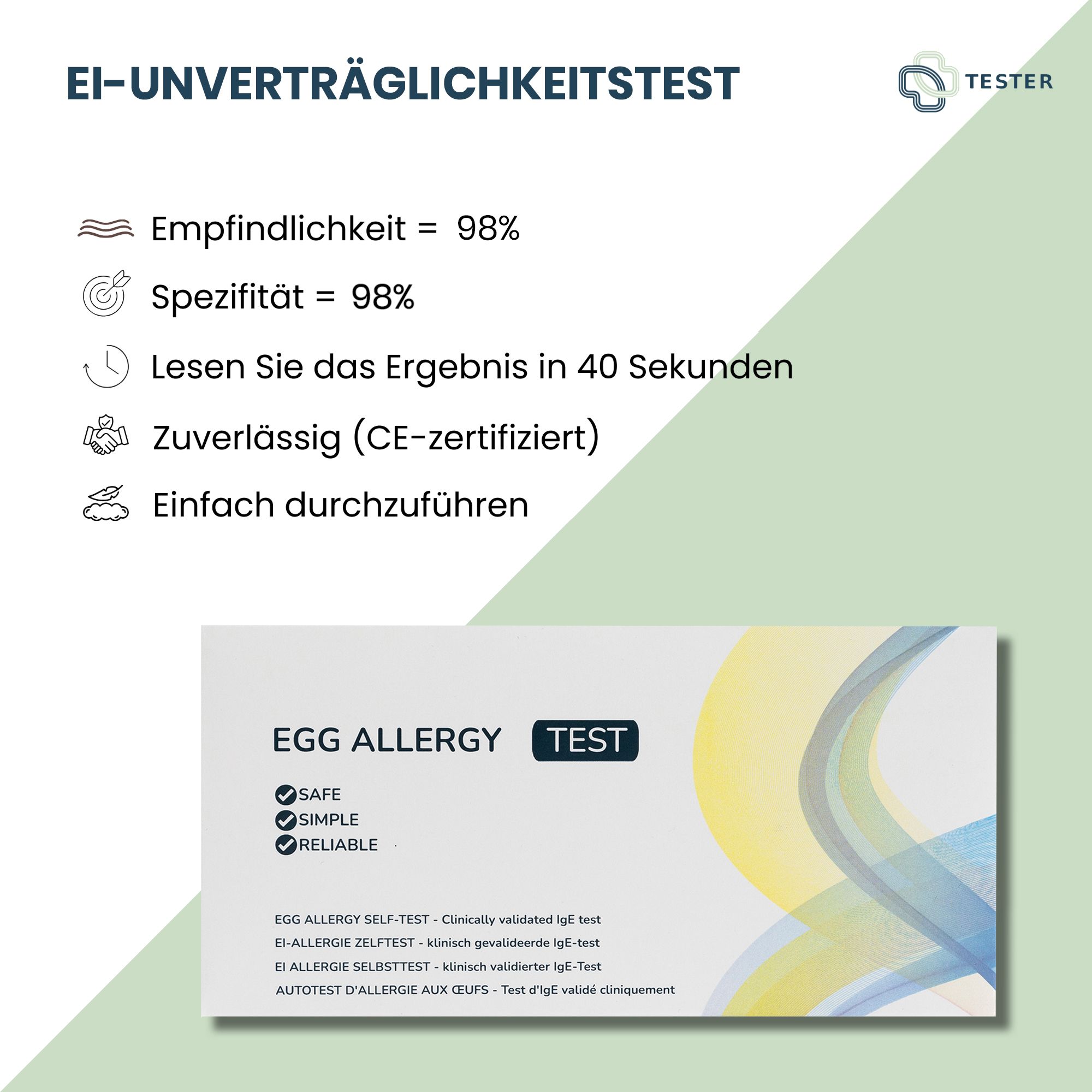 Ei-Unverträglichkeitstest. Text: Empfindlichkeit = 98%, Spezifität = 98%. Ergebnis in 40 Sekunden. Zuverlässig (CE-zertifiziert). Einfach durchzuführen. Verpackung.