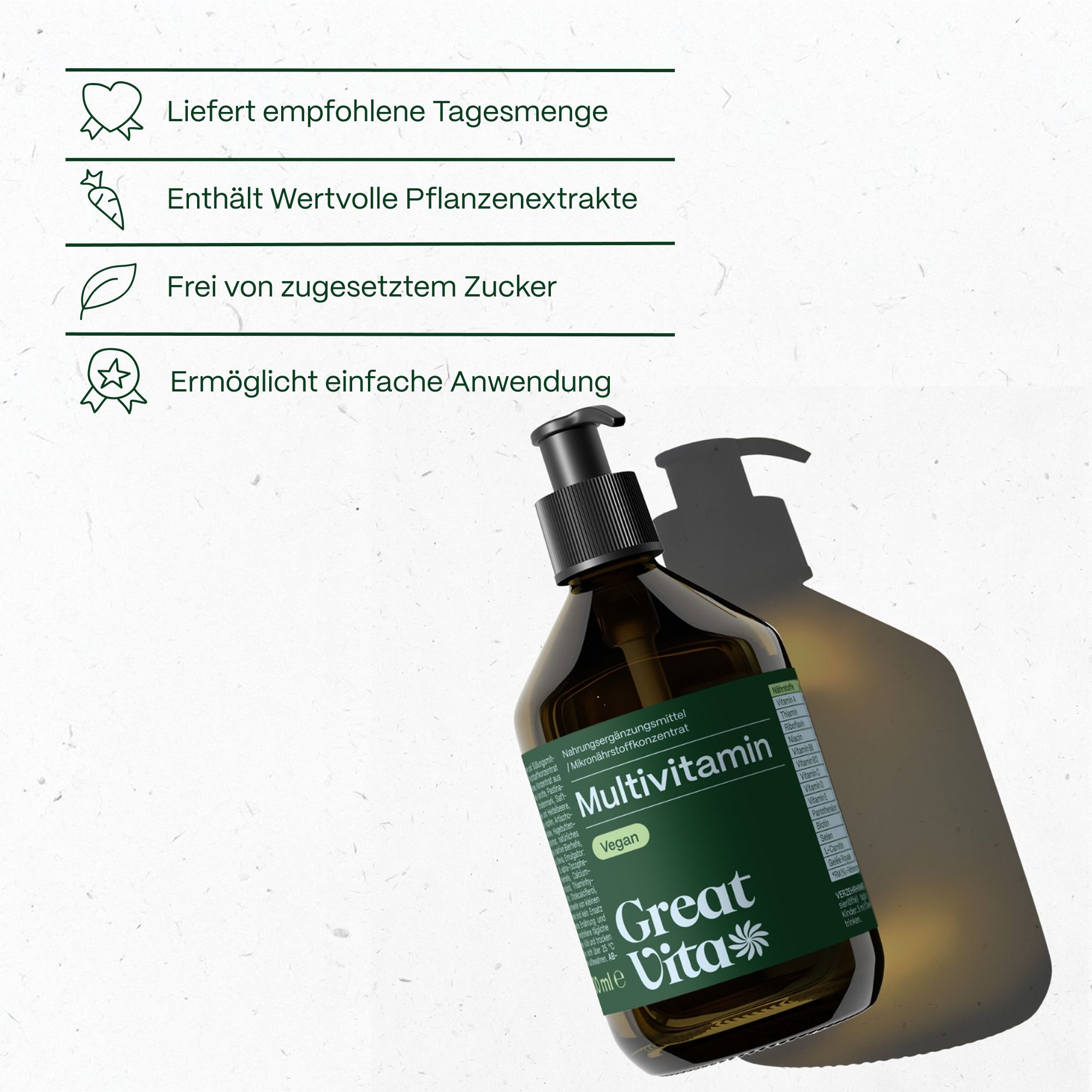 Braune Flasche mit schwarzem Pumpverschluss. Text: Multivitamin, Vegan, Great Vita.