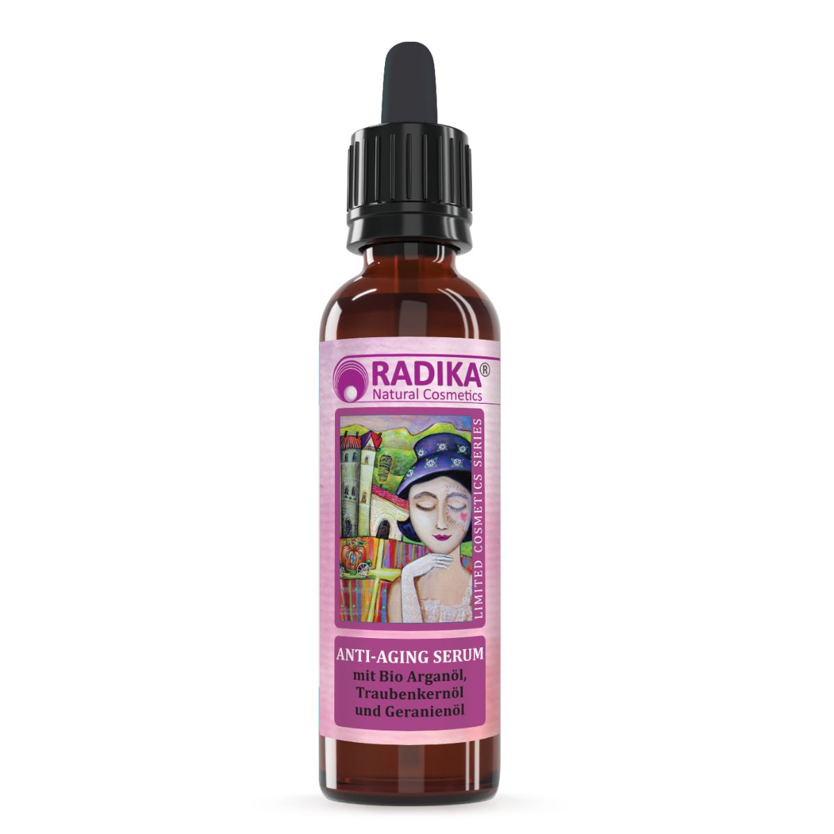 Braune Glasflasche mit schwarzem Tropfer. Rosa Etikett mit Produktname und Illustration einer Frau.