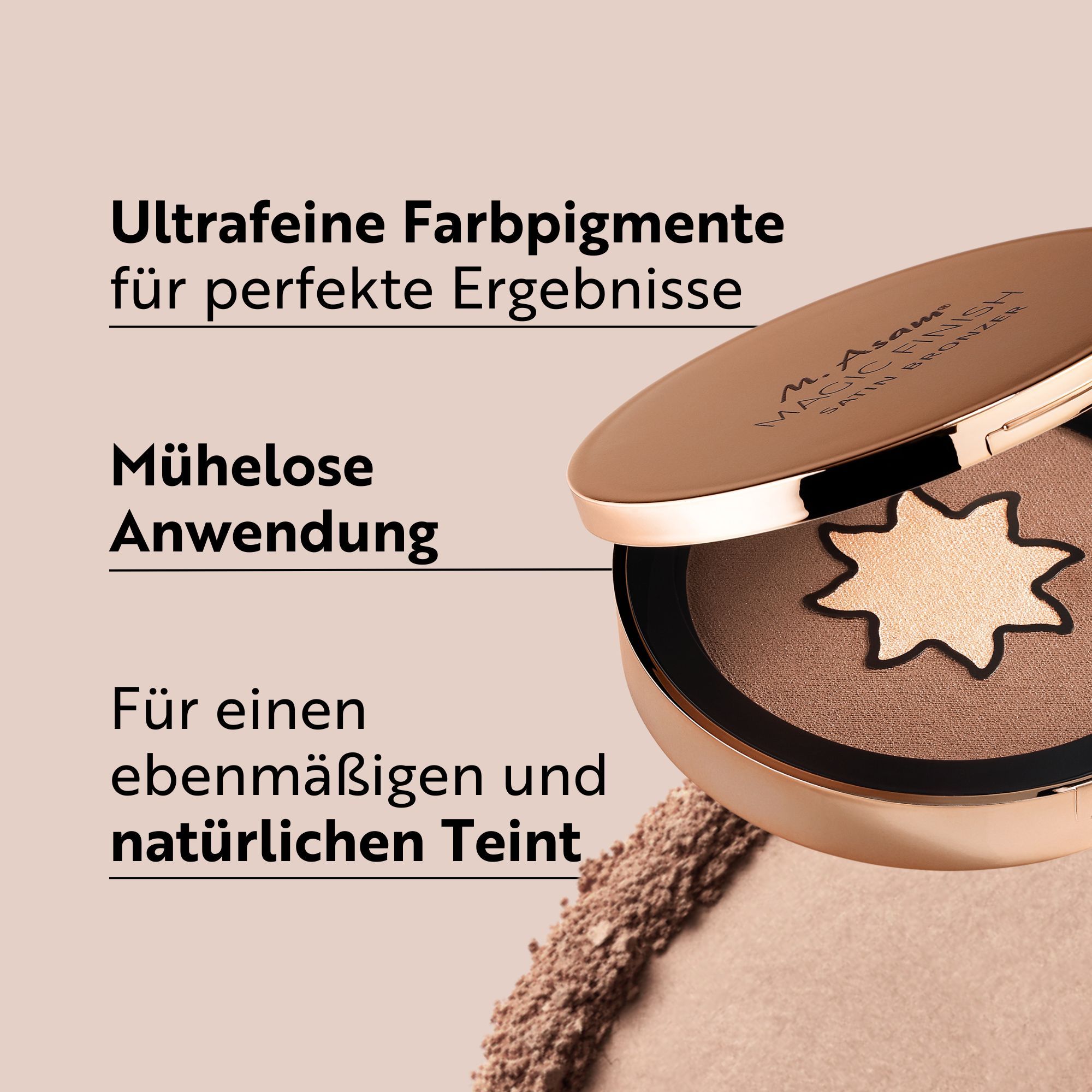 Bronzer-Kompaktpuder, geöffnet. Deckel mit Schriftzug. Puder mit Sternmuster. Text: Ultrafeine Farbpigmente, mühelose Anwendung, für einen ebenmäßigen Teint.