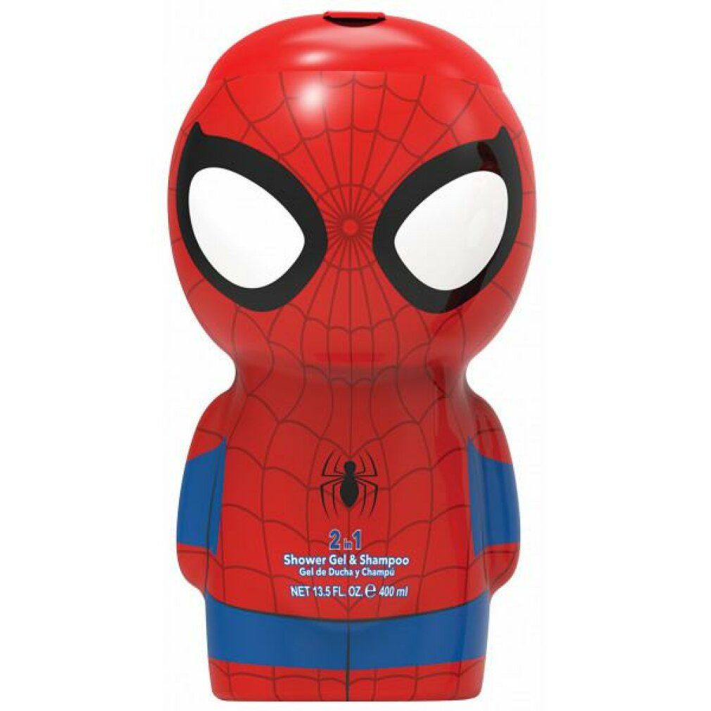 Rote Spiderman-Flasche, 2-in-1 Duschgel & Shampoo, 400 ml. Spiderman-Gesicht mit Augen, Spinnennetz-Design, blaue Akzente.