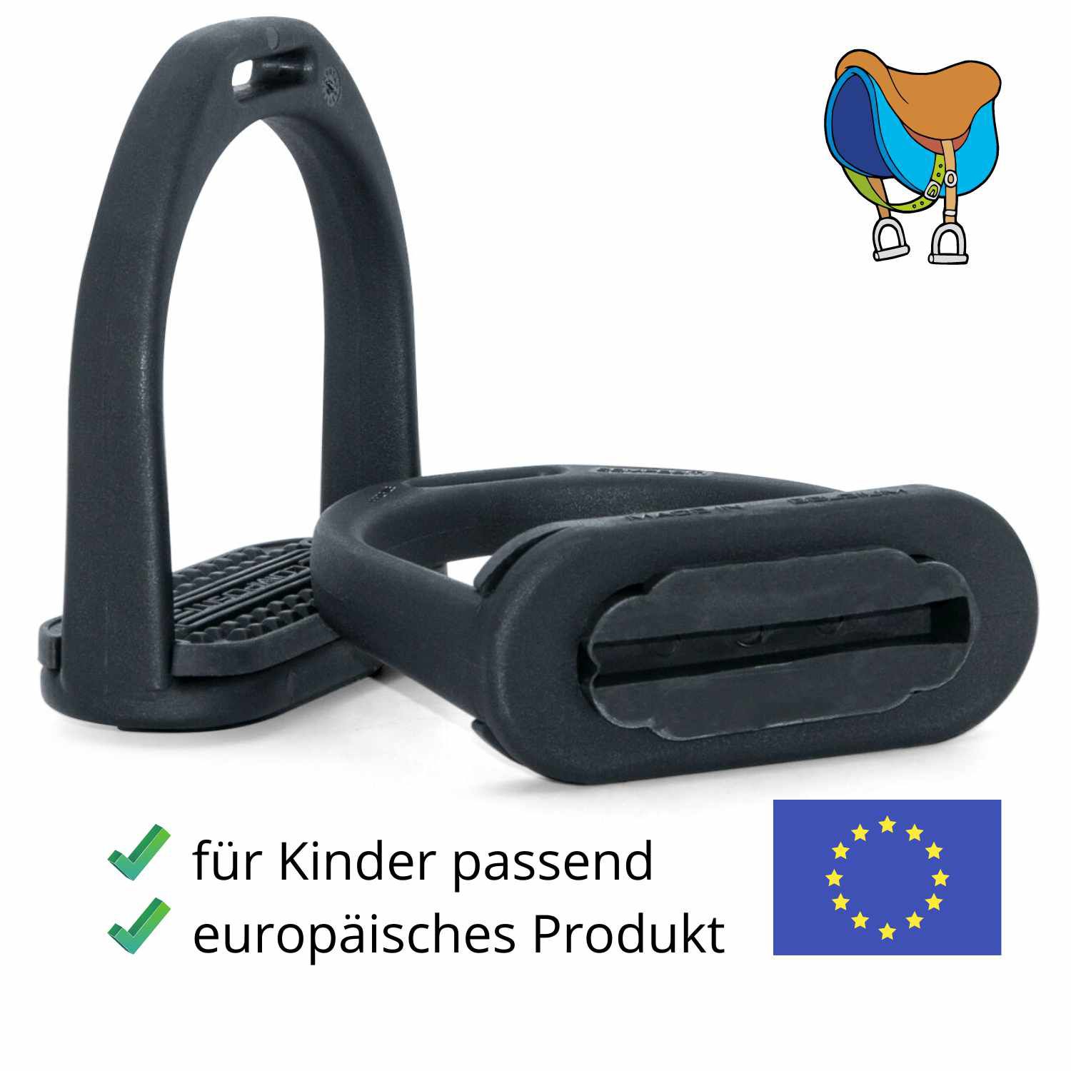 Zwei schwarze Steigbügel aus Kunststoff. Text: für Kinder passend, europäisches Produkt. EU-Flagge und Sattel-Illustration.