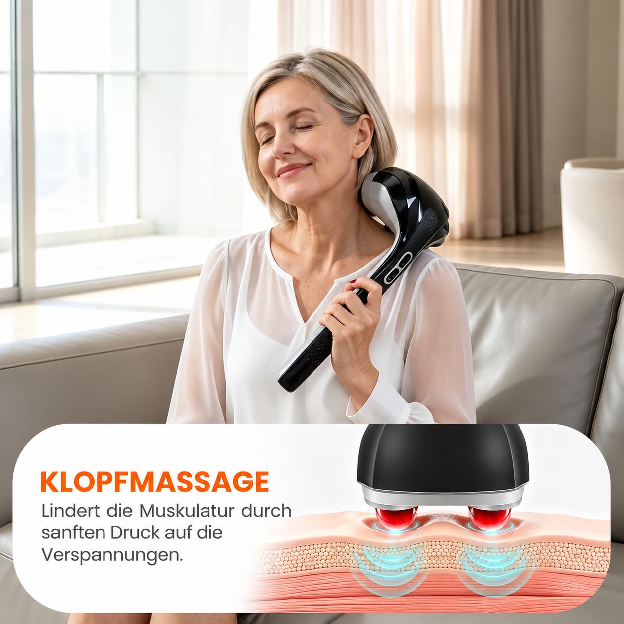 Kopfmassagegerät mit rotierenden Massageköpfen und Wärmefunktion zur Linderung von Verspannungen.