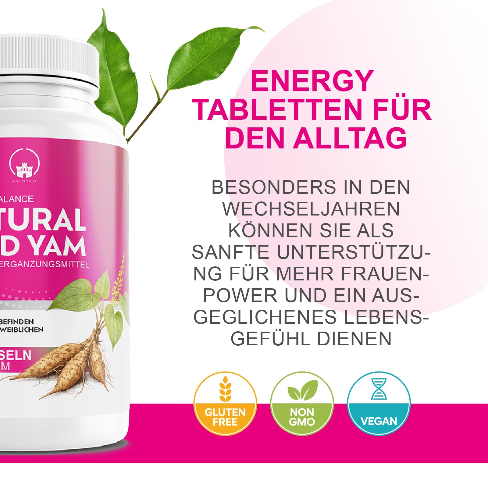 Produkt mit weißer Flasche und rosa Etikett. Text: Energy Tabletten für den Alltag. Glutenfrei, Non-GMO, Vegan.