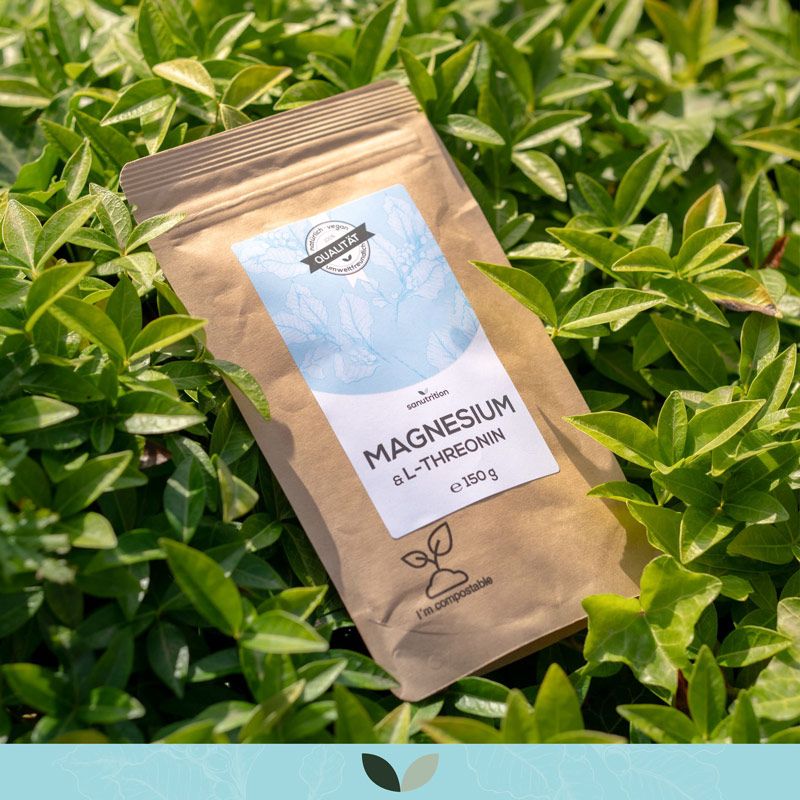 Braune Papierverpackung mit blauem Etikett. Aufschrift: Magnesium & L-Threonin, 150 g. Grünpflanzen im Hintergrund.