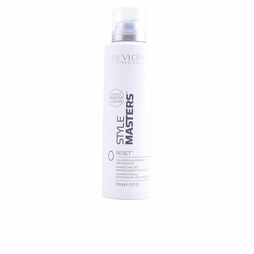 Weißes Shampoo-Spray mit silbernem Sprühkopf. Aufschrift: Revlon Style Masters Reset. Volumen-Shampoo.