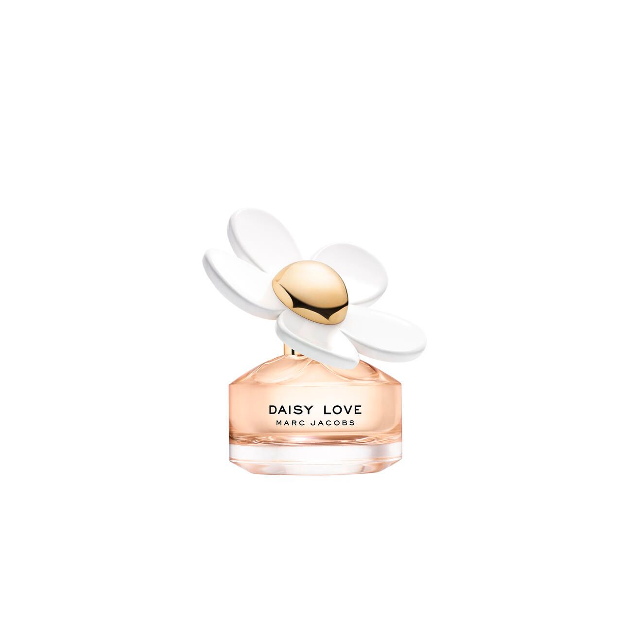 Parfümflakon mit weißer Blüte und goldener Kappe. Aufschrift: Daisy Love.