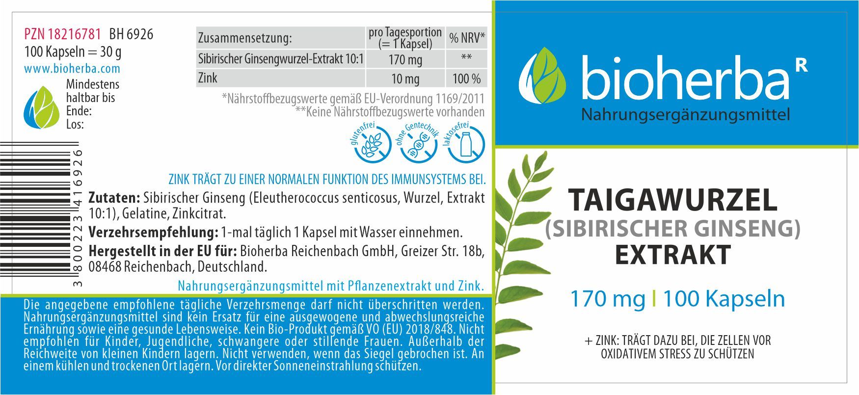 Etikett mit Produktinformationen: Taigawurzel Extrakt, 170 mg, 100 Kapseln. Marke: Bioherba. Zutaten, Verzehrempfehlung, Nährwertangaben, Zertifizierungen.