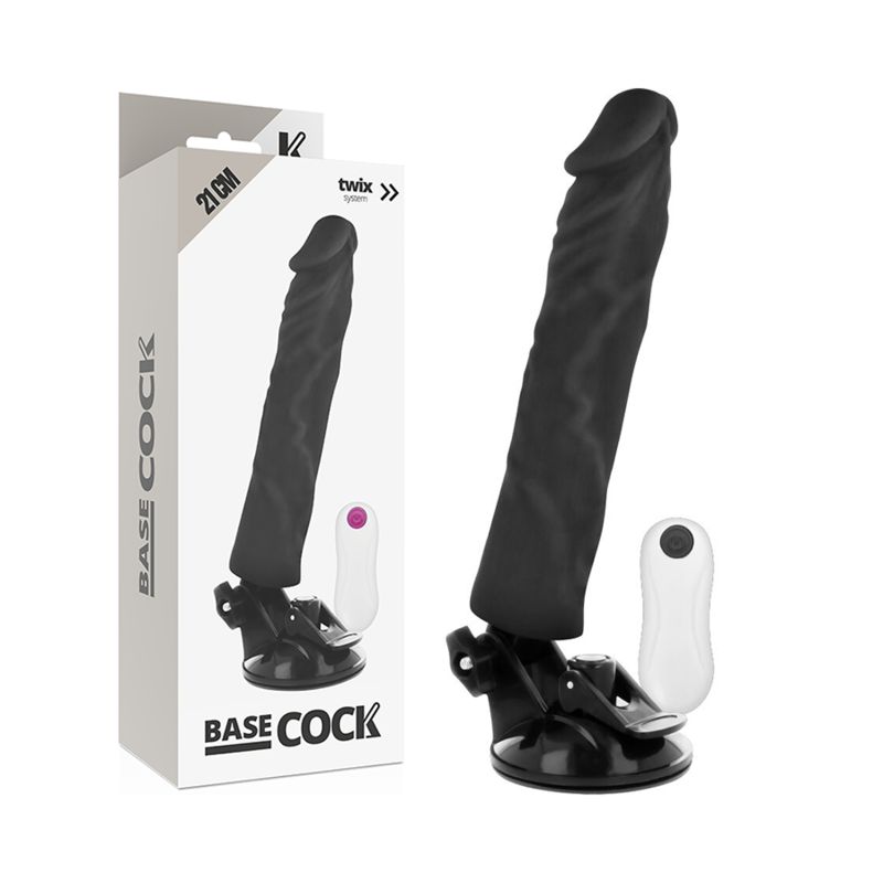 Produktverpackung mit schwarzem Vibrator, Fernbedienung und weißer Verpackung. Auf der Verpackung steht der Markenname. Maße: 21 cm.
