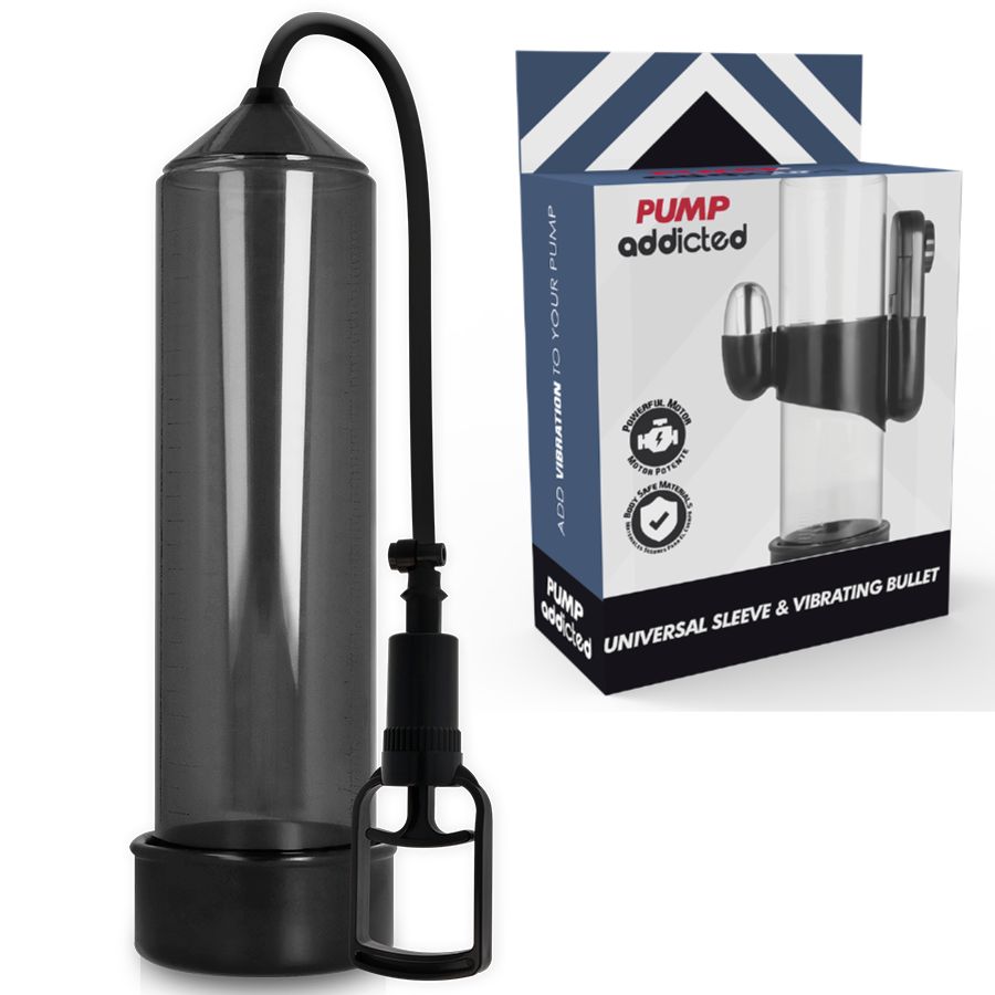 Zylindrische Pumpe mit Schlauch und Flasche. Verpackung mit Produktabbildung und Schriftzug 'Pump Addicted'.