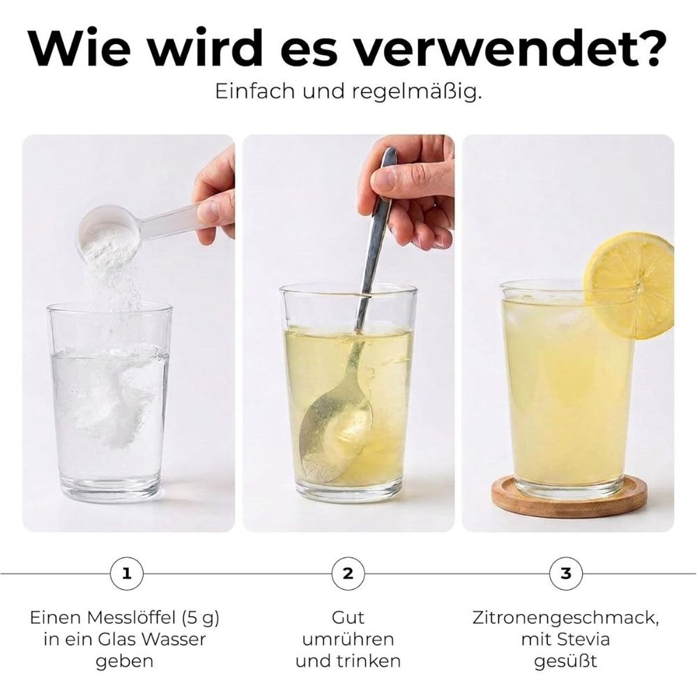 Zubereitung von Nature's Finest Eisen, Vitamin C, B-Komplex. Pulver in Wasser auflösen, umrühren, trinken.