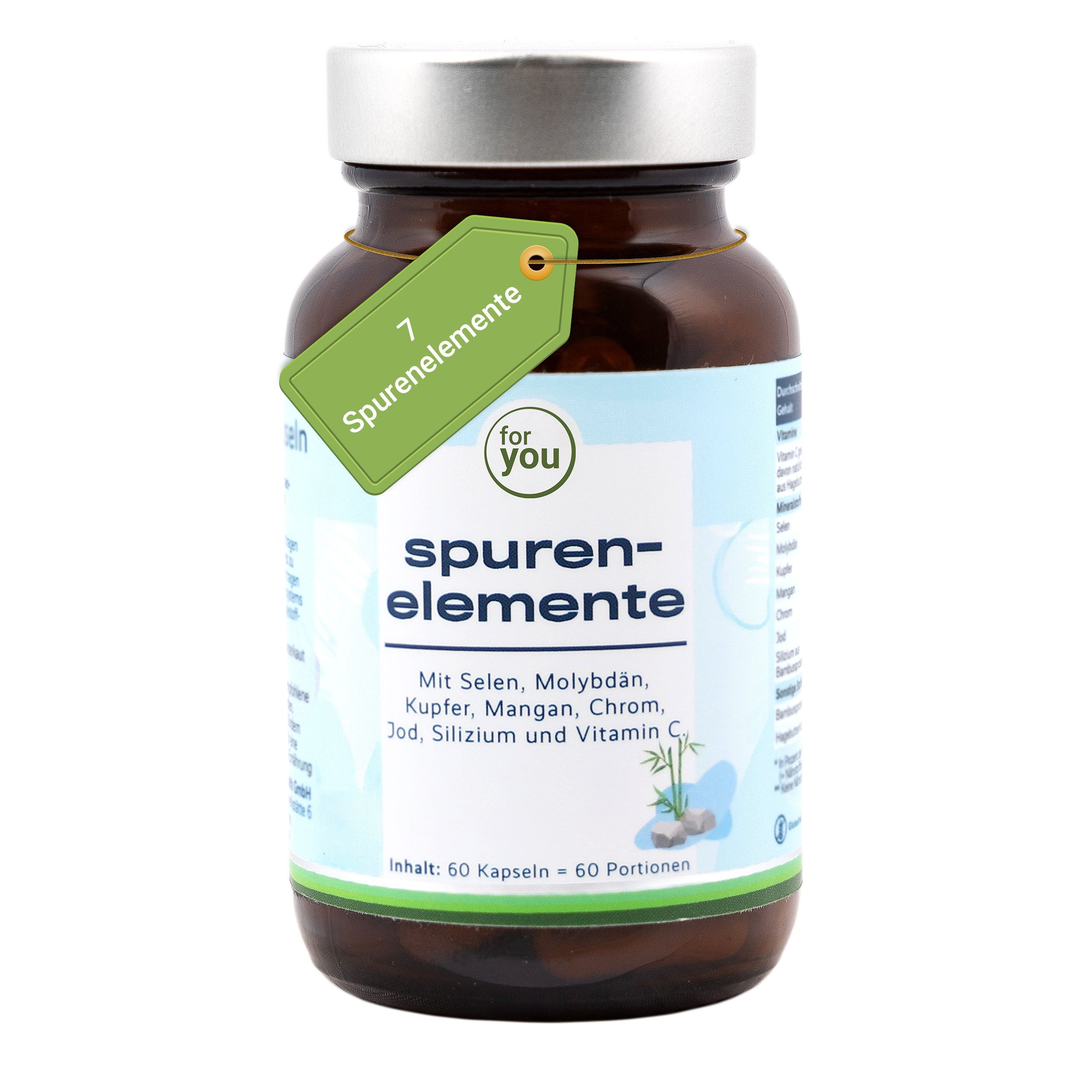 Flasche mit Spurenelementen-Kapseln, Etikett mit "7 Spurenelemente".