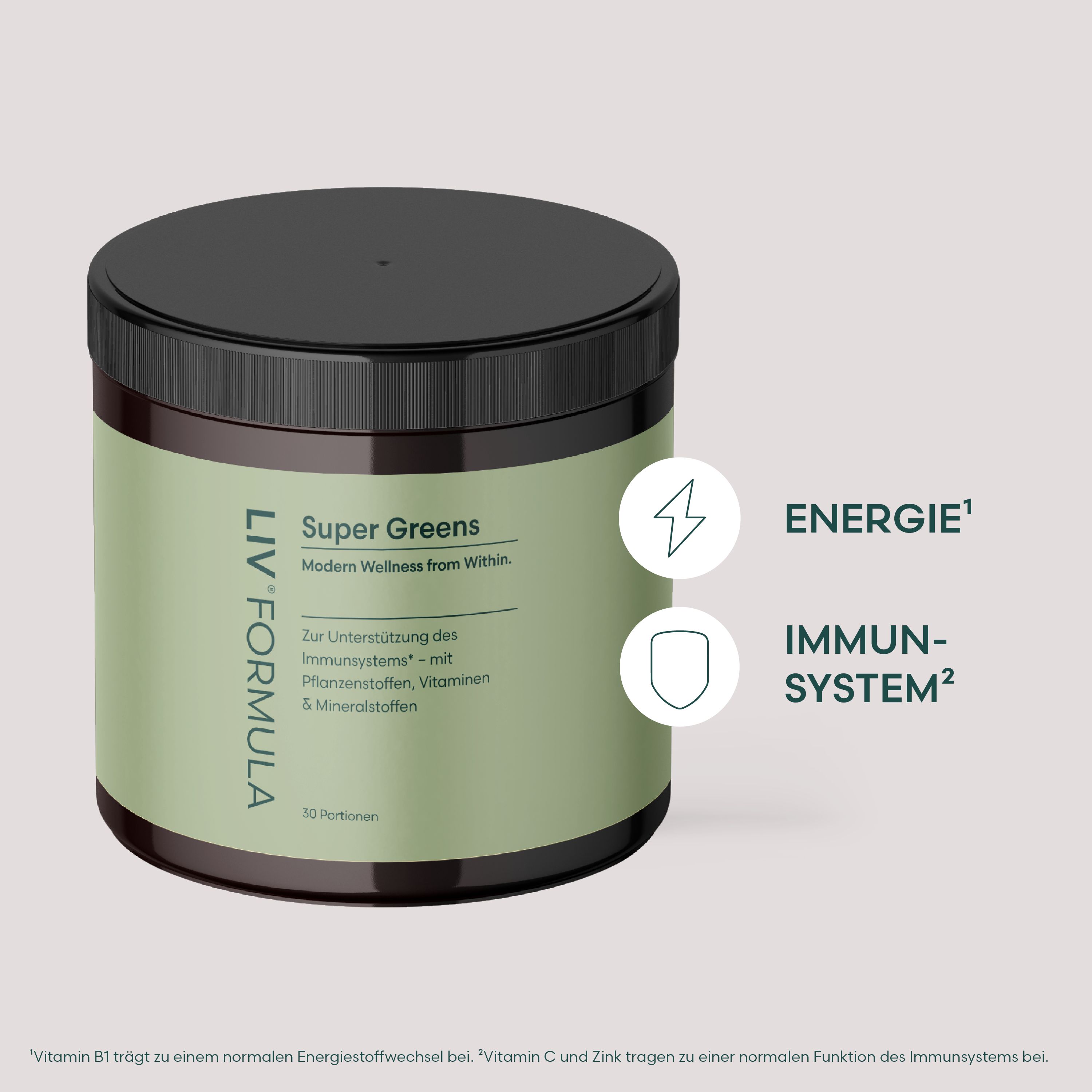 Braune Dose mit grünem Etikett. Text: LIV Formula, Super Greens, Energie, Immunsystem. Schwarzer Deckel.
