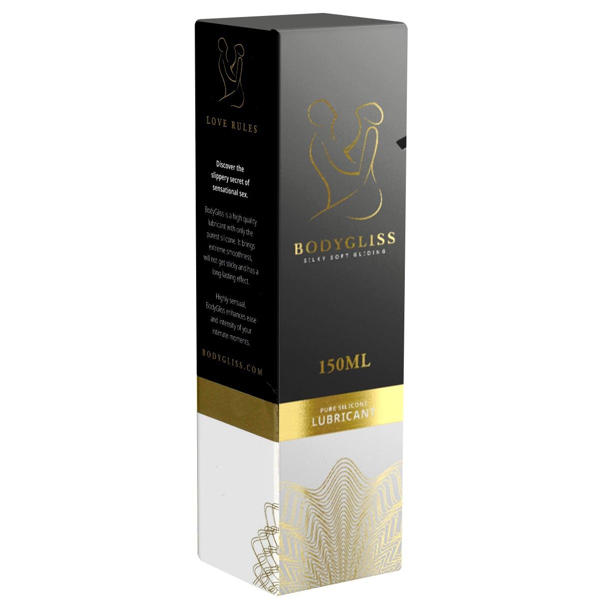 Schwarze Verpackung mit goldenen Akzenten. Aufschrift "BodyGliss" und "150ML". Illustration zweier Personen. Text in Englisch.