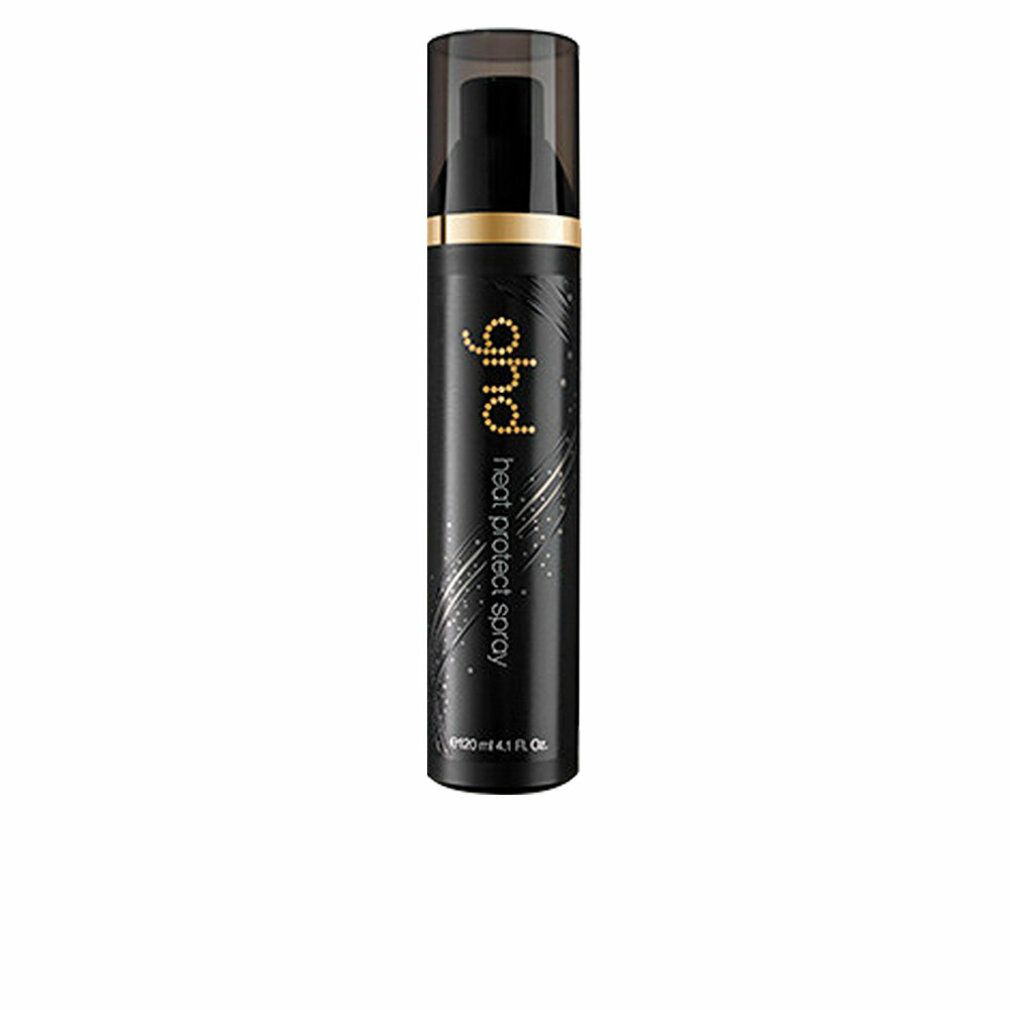 Schwarze Sprühflasche mit goldfarbenem Aufdruck. Aufschrift: ghd heat protect spray. Mit schwarzem Deckel.