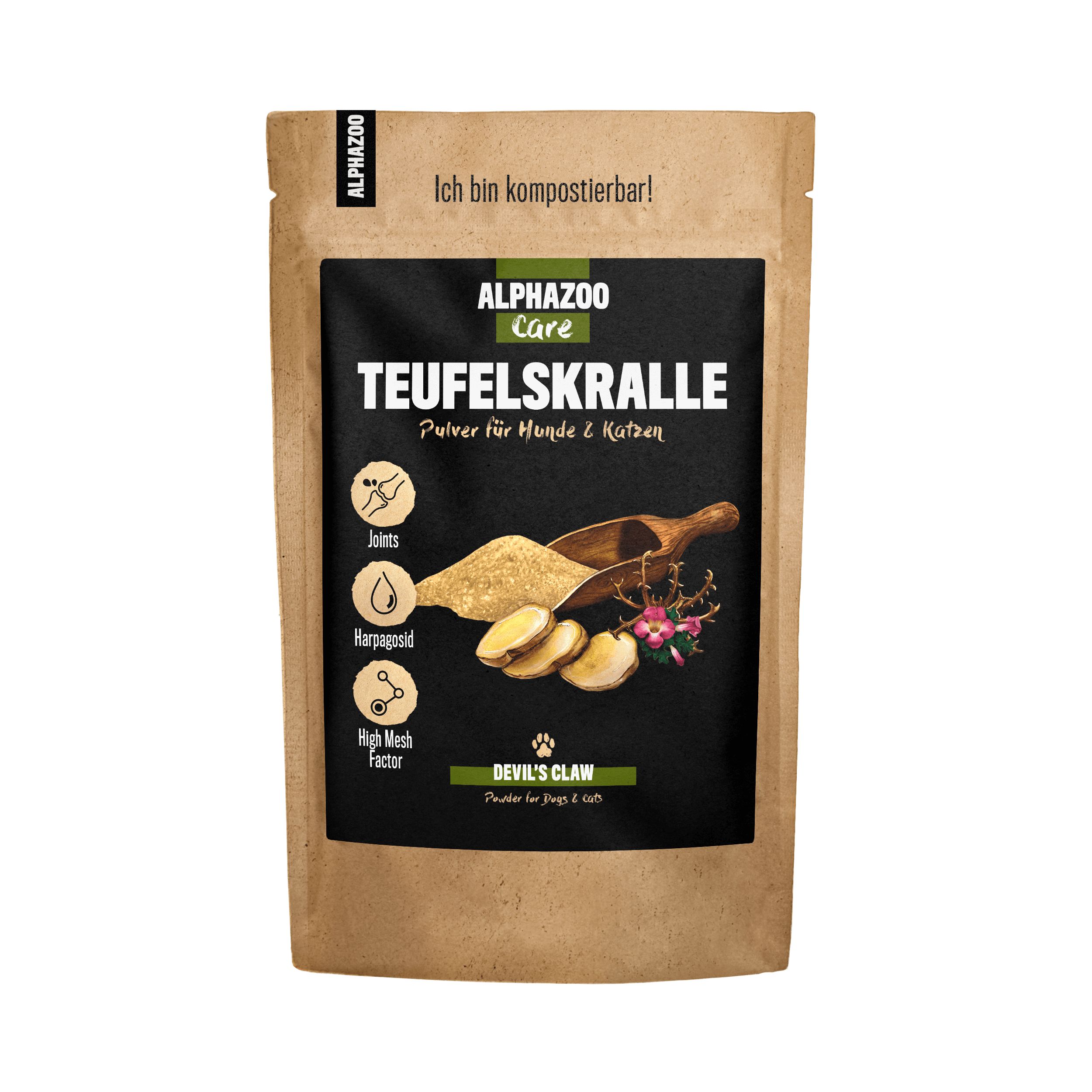 Beutel mit Produktaufdruck. Schwarzes Etikett mit Produktnamen und Illustrationen. "ALPHAZOO Care Teufelskralle" für Hunde & Katzen.