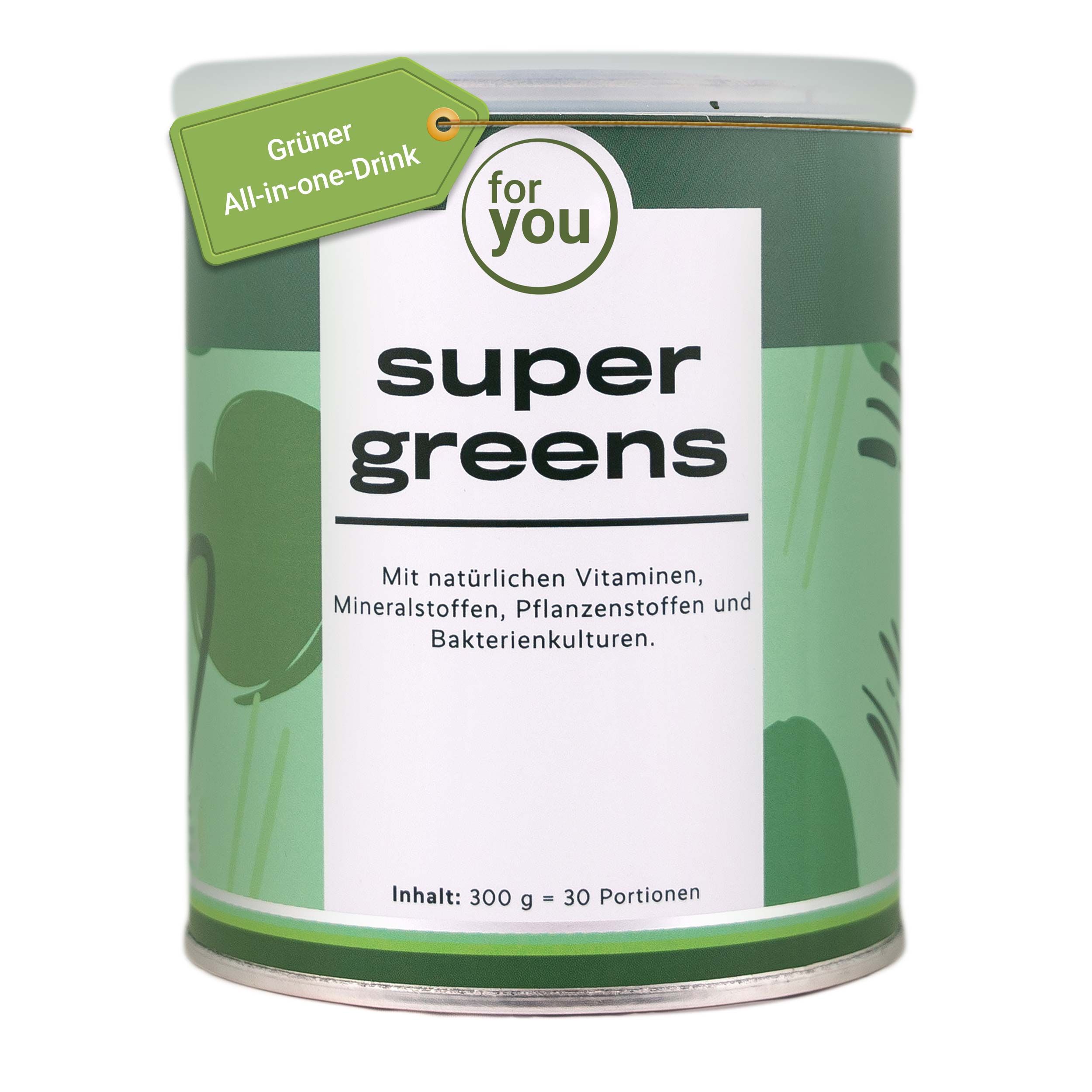 Grüne Dose Super Greens mit Etikett 'Grüner All-in-one-Drink'. Enthält Vitamine, Mineralstoffe, Pflanzenstoffe.