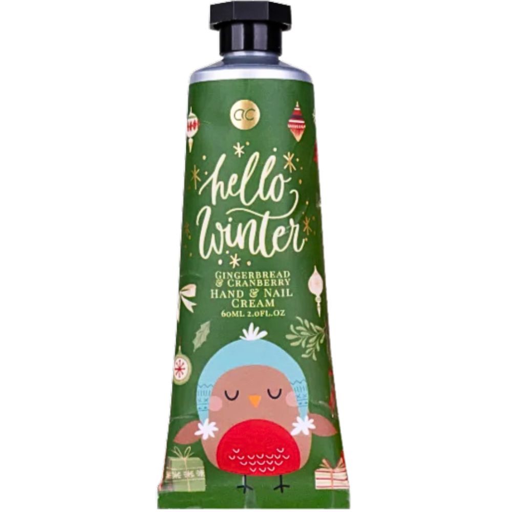 Grüne Hand- und Nagelcreme-Tube mit 'Hello Winter'-Schriftzug und Vogel-Illustration. Schwarzer Verschluss.