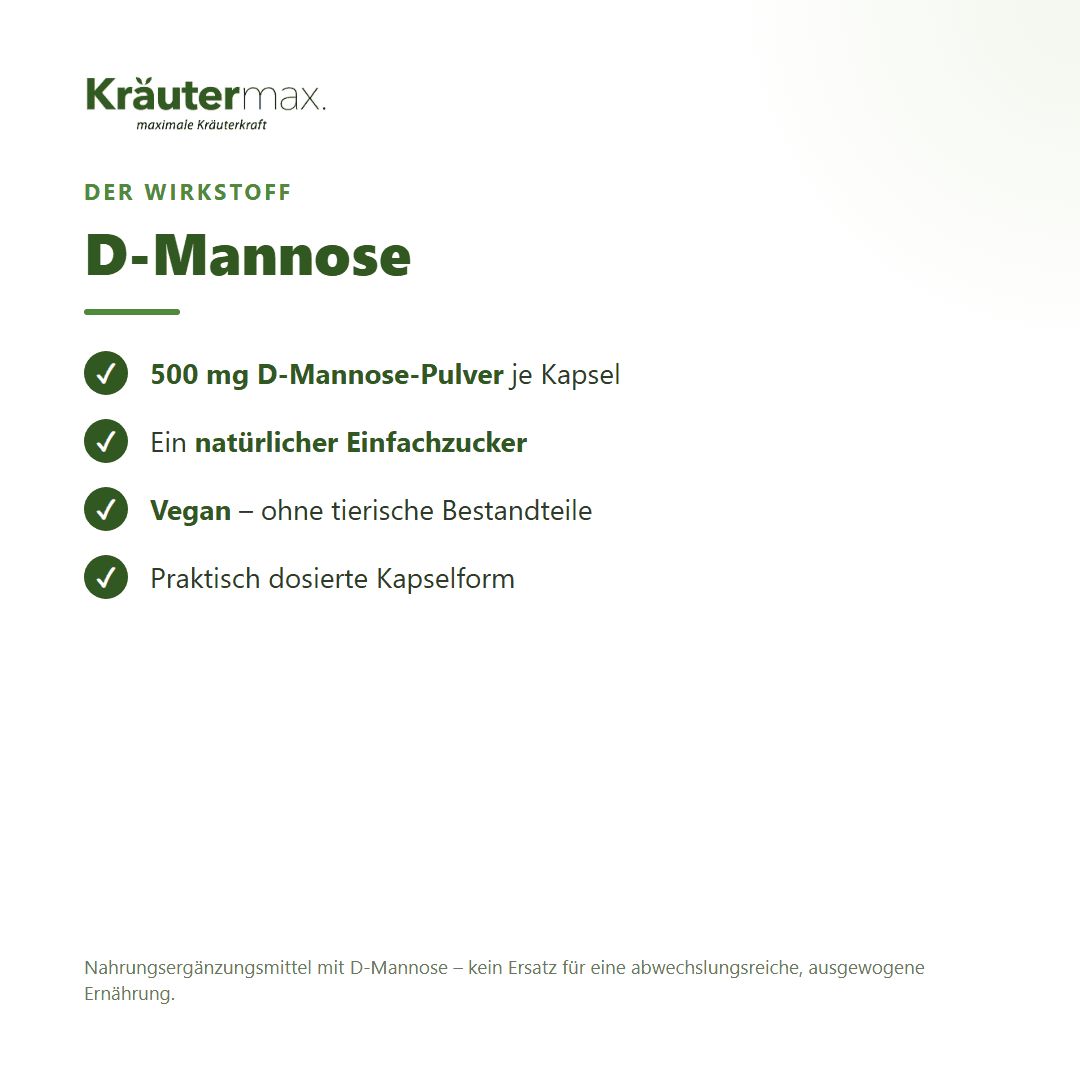 Übersicht 'Der Wirkstoff D-Mannose': 500 mg pro Kapsel, natürlicher Einfachzucker, vegan, Kapselform.