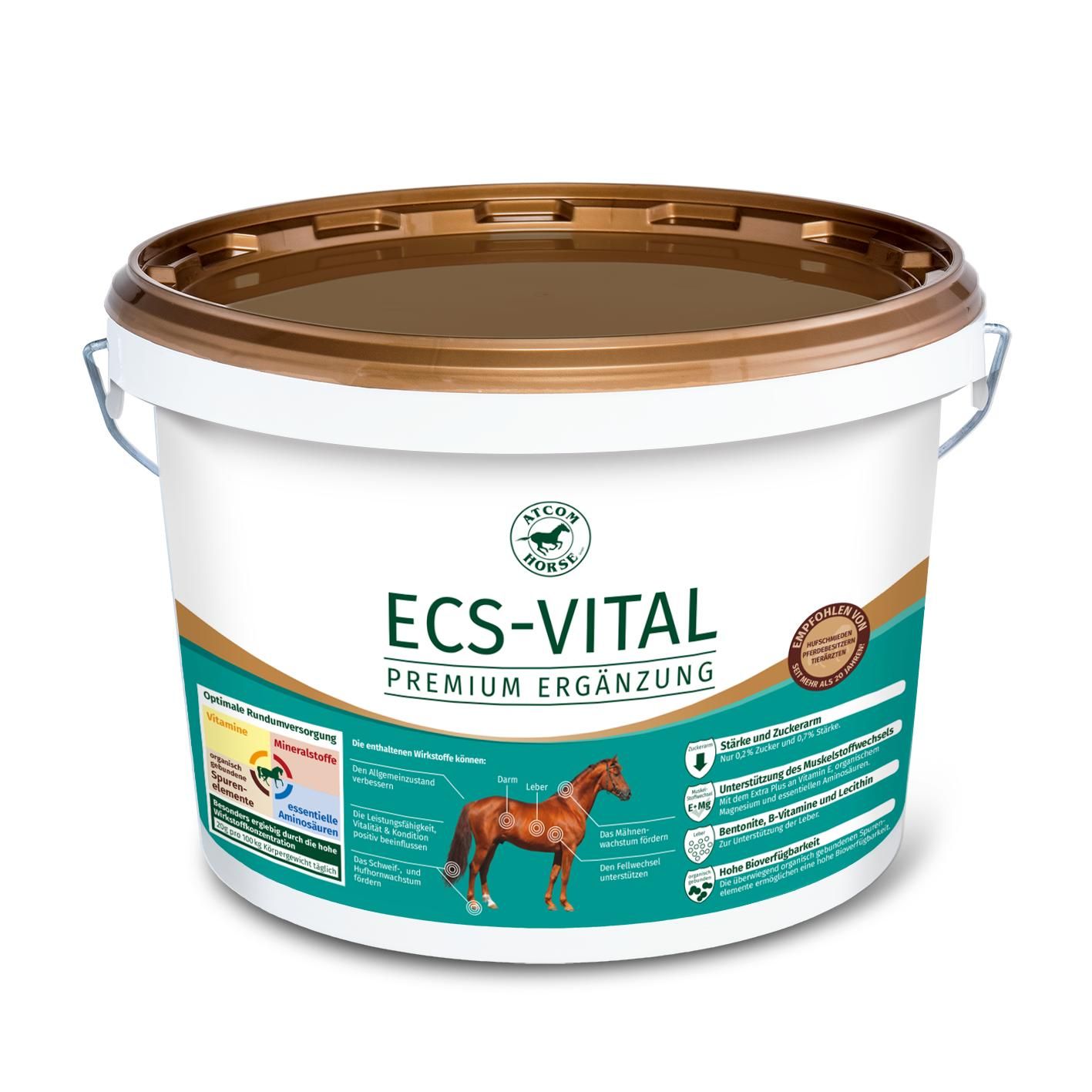 Eimer mit ATCOM ECS-VITAL. Weißer Eimer mit braunem Deckel. Produktname und Informationen auf dem Etikett.