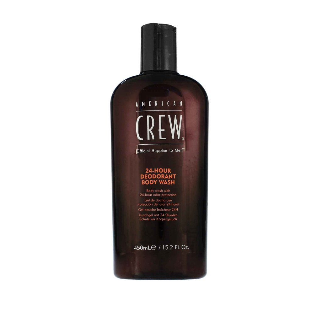 Braune Flasche mit schwarzem Deckel. Aufschrift: AMERICAN CREW, 24-HOUR DEODORANT BODY WASH. Produktabbildung.