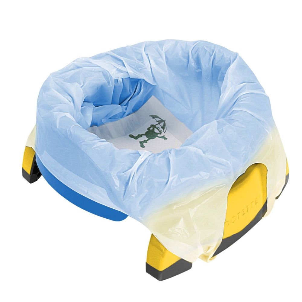 Blaues Töpfchen mit gelben Füßen und Plastiktüte. Grüner Aufdruck auf der Tüte. Gelber Text: Potette.