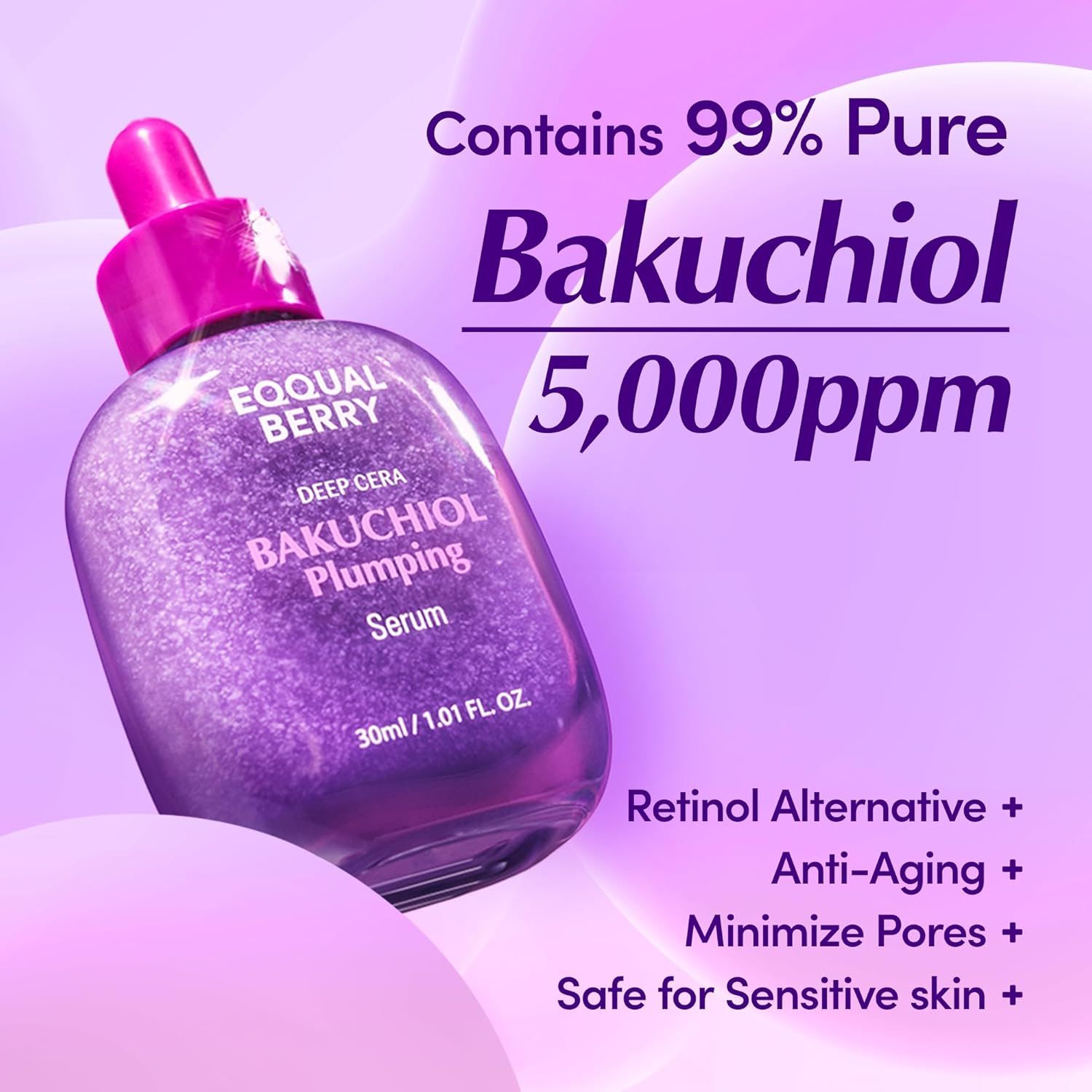 Violette Serumflasche mit rosa Verschluss. Text: Enthält 99% reines Bakuchiol, 5.000 ppm.