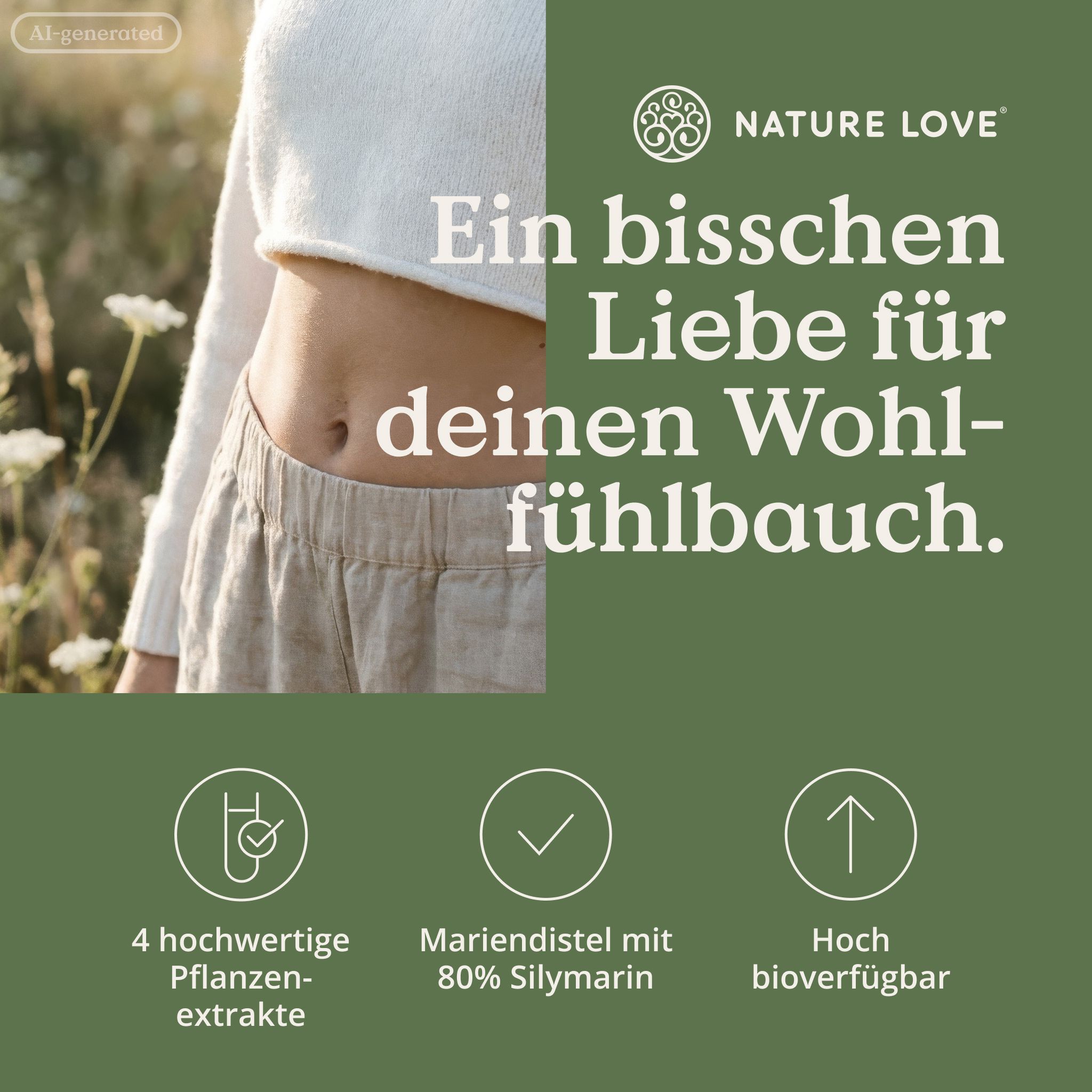 Bauch einer Person mit Text 'Ein bisschen Liebe für deinen Wohlfühlbauch'. Darunter Icons mit Text zu Pflanzenextrakten, Mariendistel und Bioverfügbarkeit.